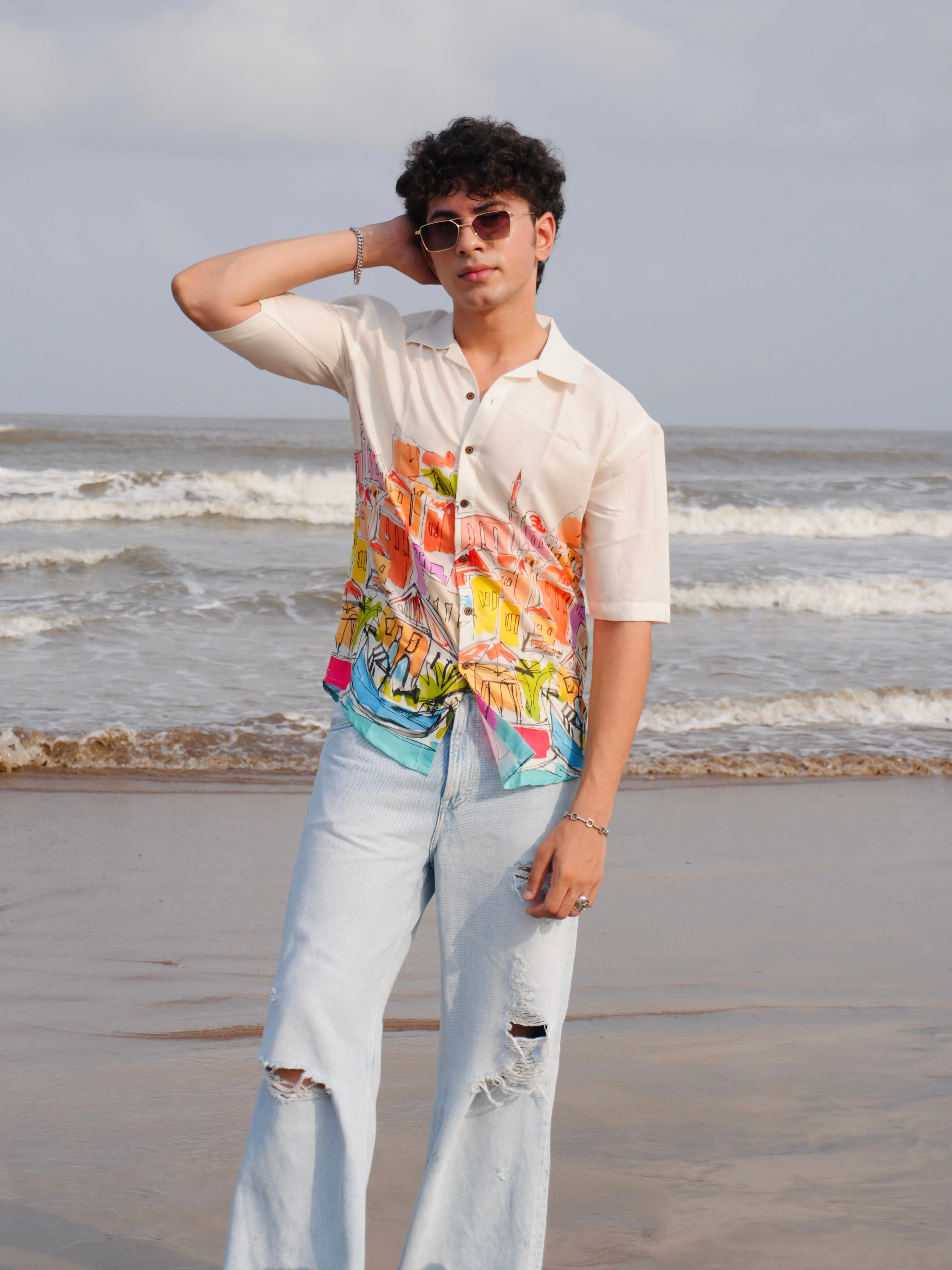 Firangi Yarn Off-White Linen Cuban Collar Fusion Printed Oversize Shirt - Urban Splash