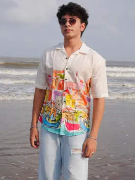 Firangi Yarn Off-White Linen Cuban Collar Fusion Printed Oversize Shirt - Urban Splash
