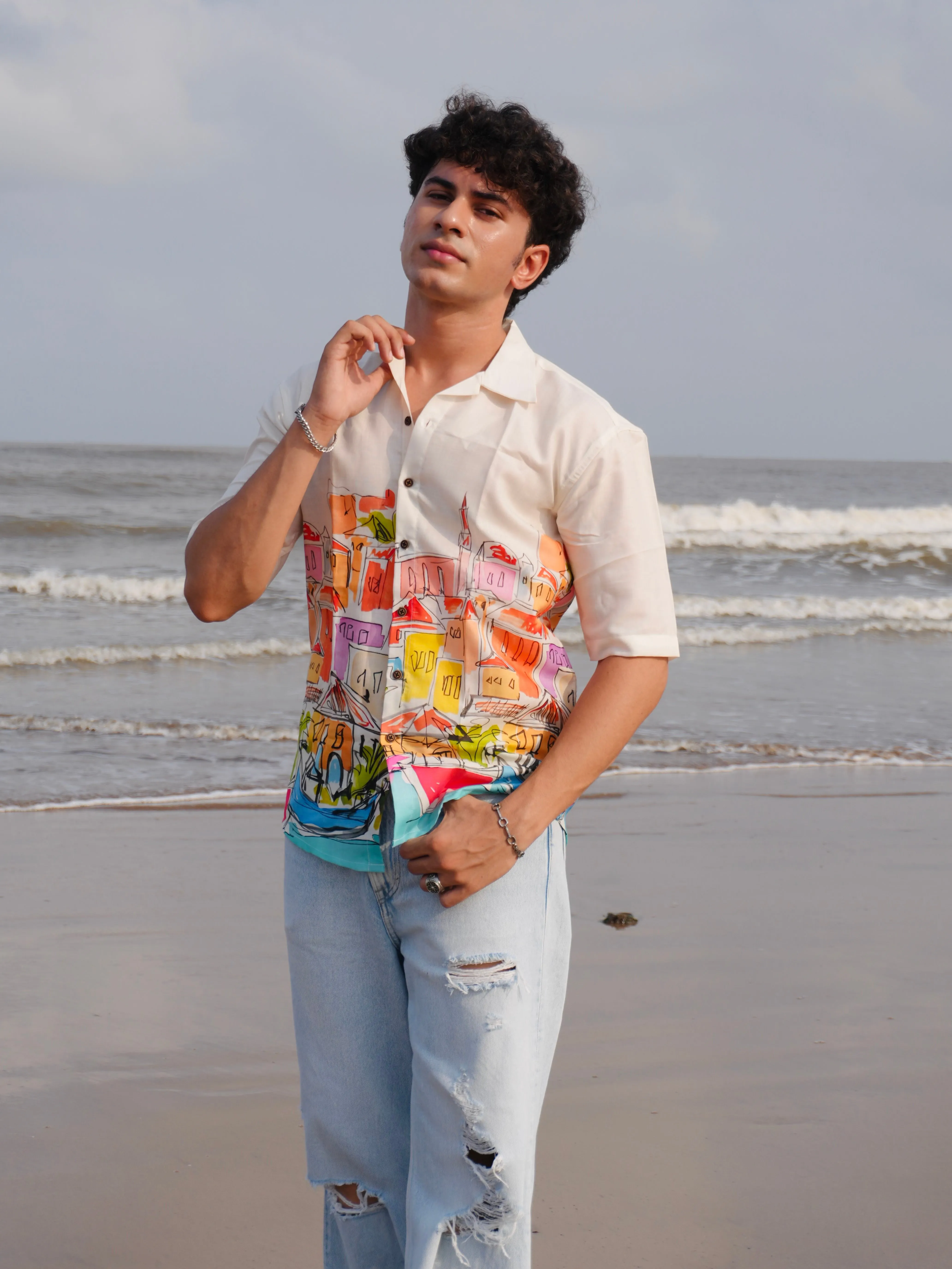 Firangi Yarn Off-White Linen Cuban Collar Fusion Printed Oversize Shirt - Urban Splash