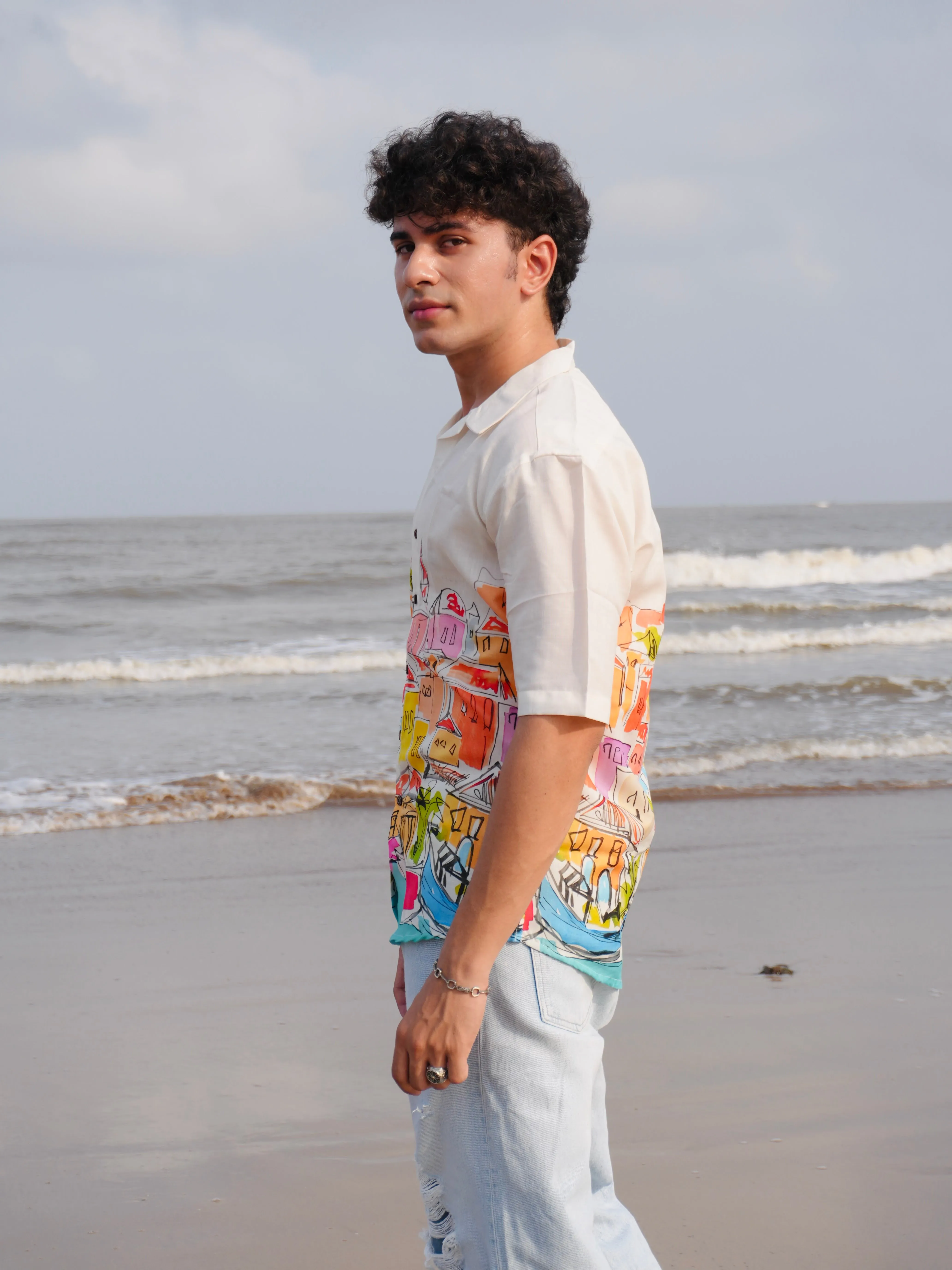 Firangi Yarn Off-White Linen Cuban Collar Fusion Printed Oversize Shirt - Urban Splash