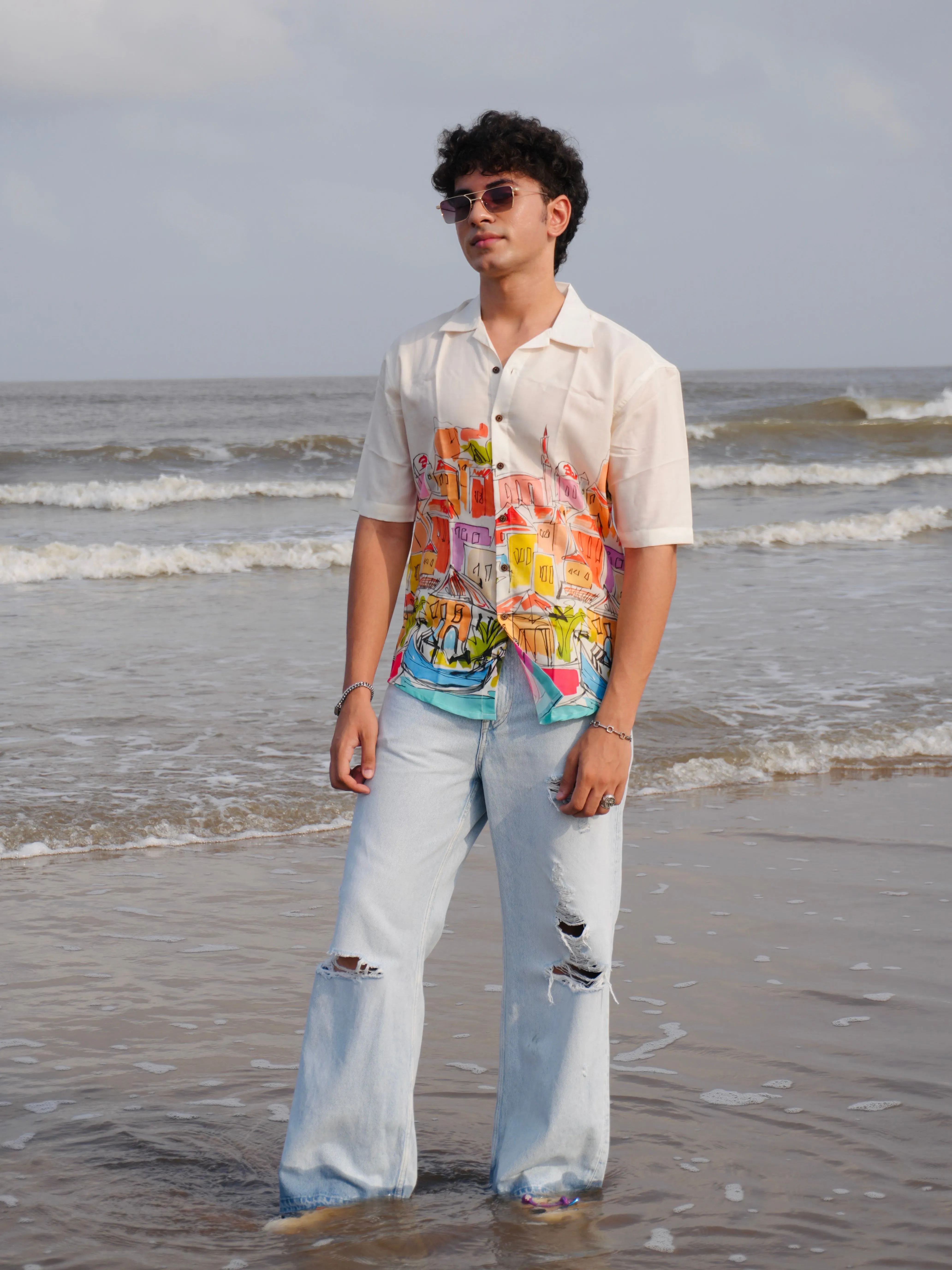 Firangi Yarn Off-White Linen Cuban Collar Fusion Printed Oversize Shirt - Urban Splash