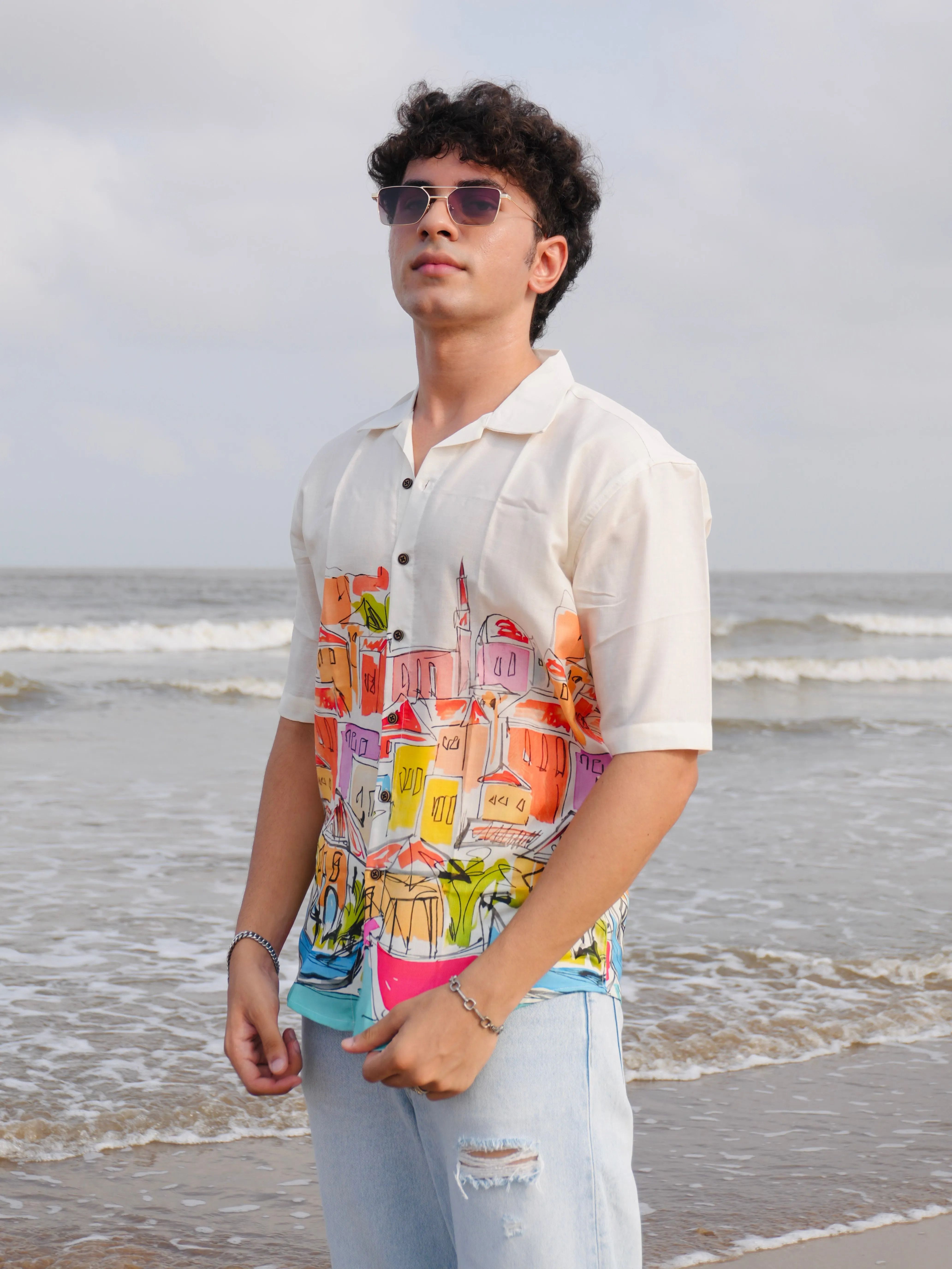 Firangi Yarn Off-White Linen Cuban Collar Fusion Printed Oversize Shirt - Urban Splash