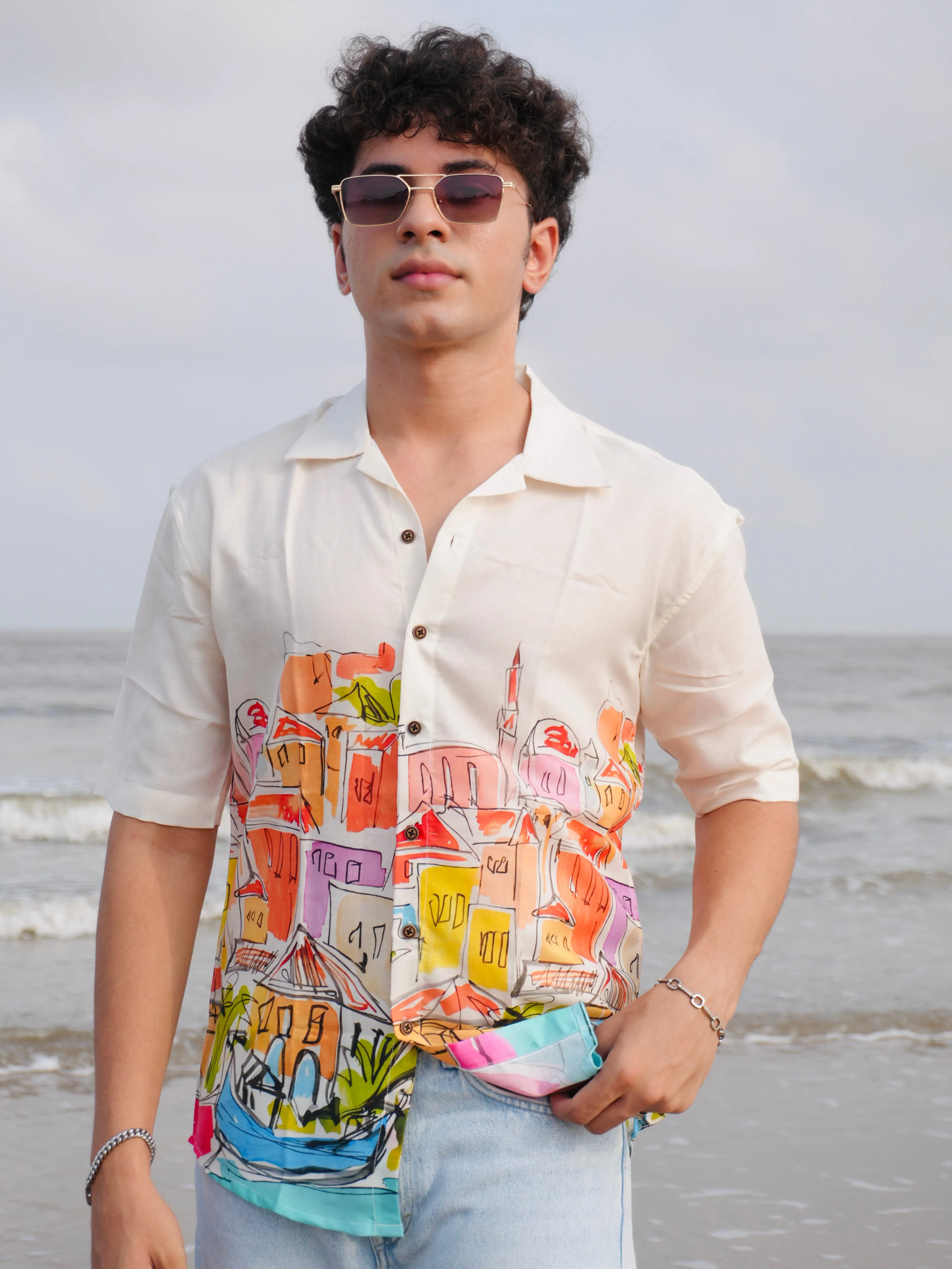 Firangi Yarn Off-White Linen Cuban Collar Fusion Printed Oversize Shirt - Urban Splash