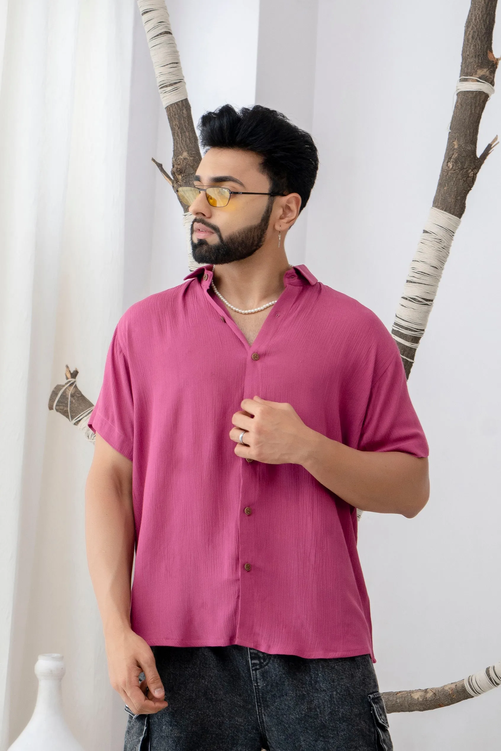 Firangi Yarn Relaxed Fit Solid Super Flowy Re-engineered Cotton- Half Sleeves Party Shirt Cranberry Pink