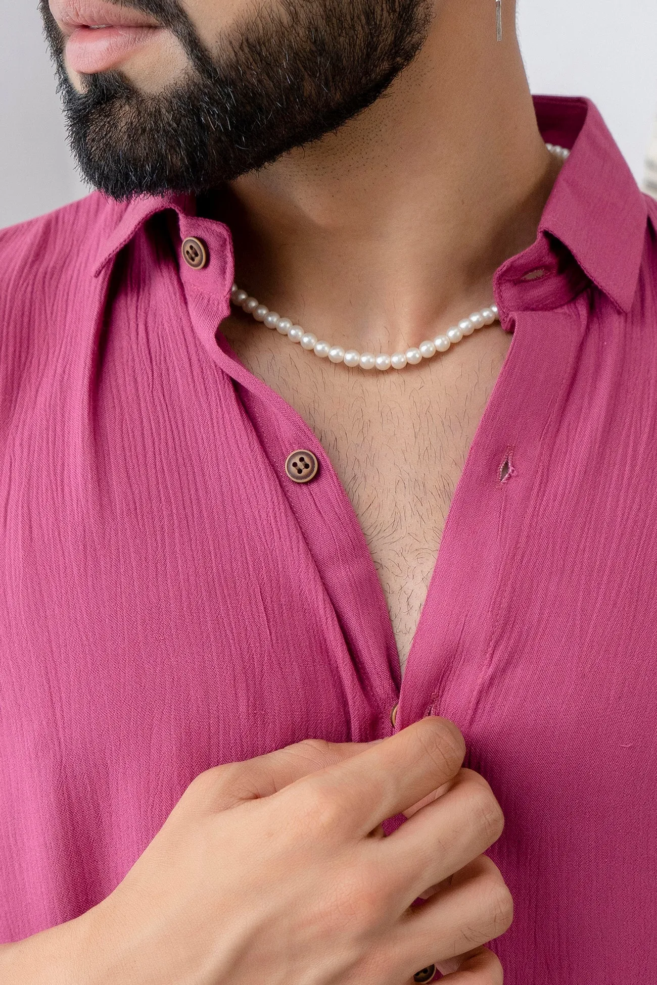 Firangi Yarn Relaxed Fit Solid Super Flowy Re-engineered Cotton- Half Sleeves Party Shirt Cranberry Pink