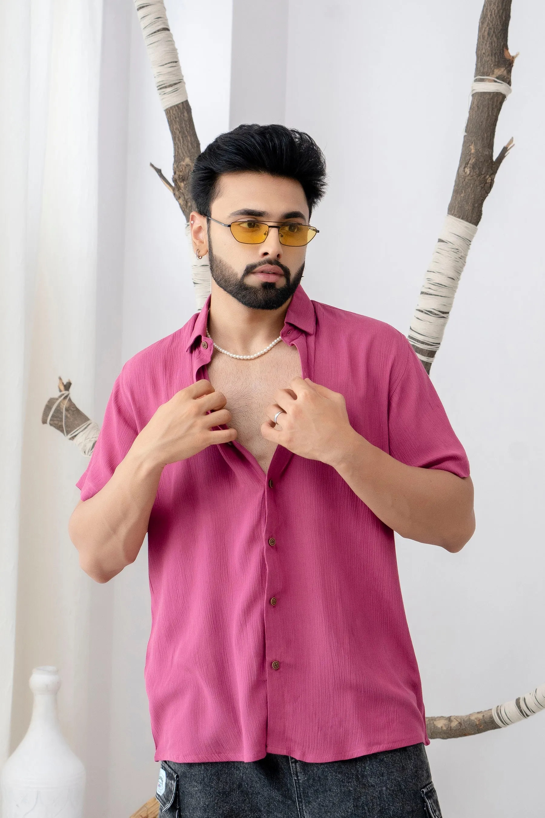 Firangi Yarn Relaxed Fit Solid Super Flowy Re-engineered Cotton- Half Sleeves Party Shirt Cranberry Pink