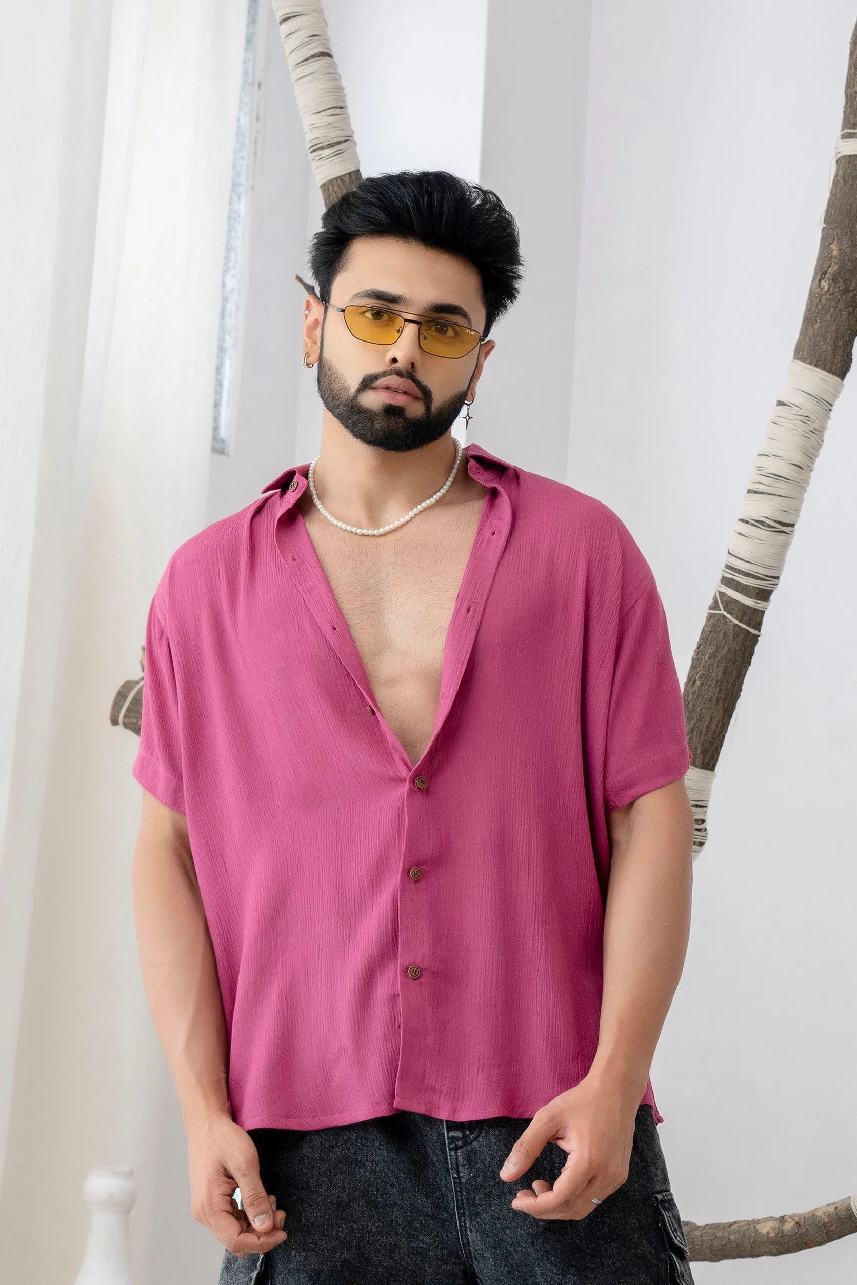 Firangi Yarn Relaxed Fit Solid Super Flowy Re-engineered Cotton- Half Sleeves Party Shirt Cranberry Pink