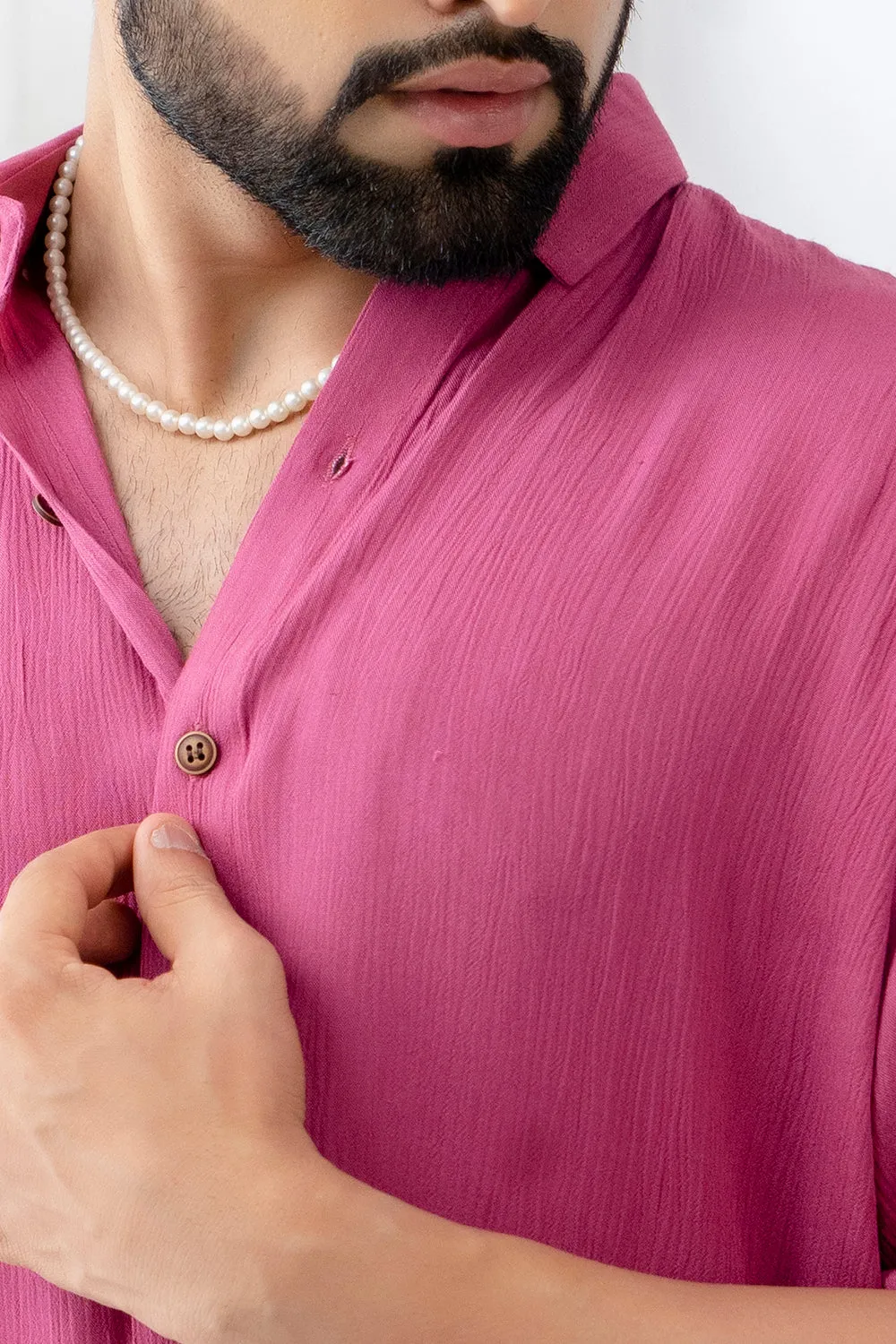 Firangi Yarn Relaxed Fit Solid Super Flowy Re-engineered Cotton- Half Sleeves Party Shirt Cranberry Pink