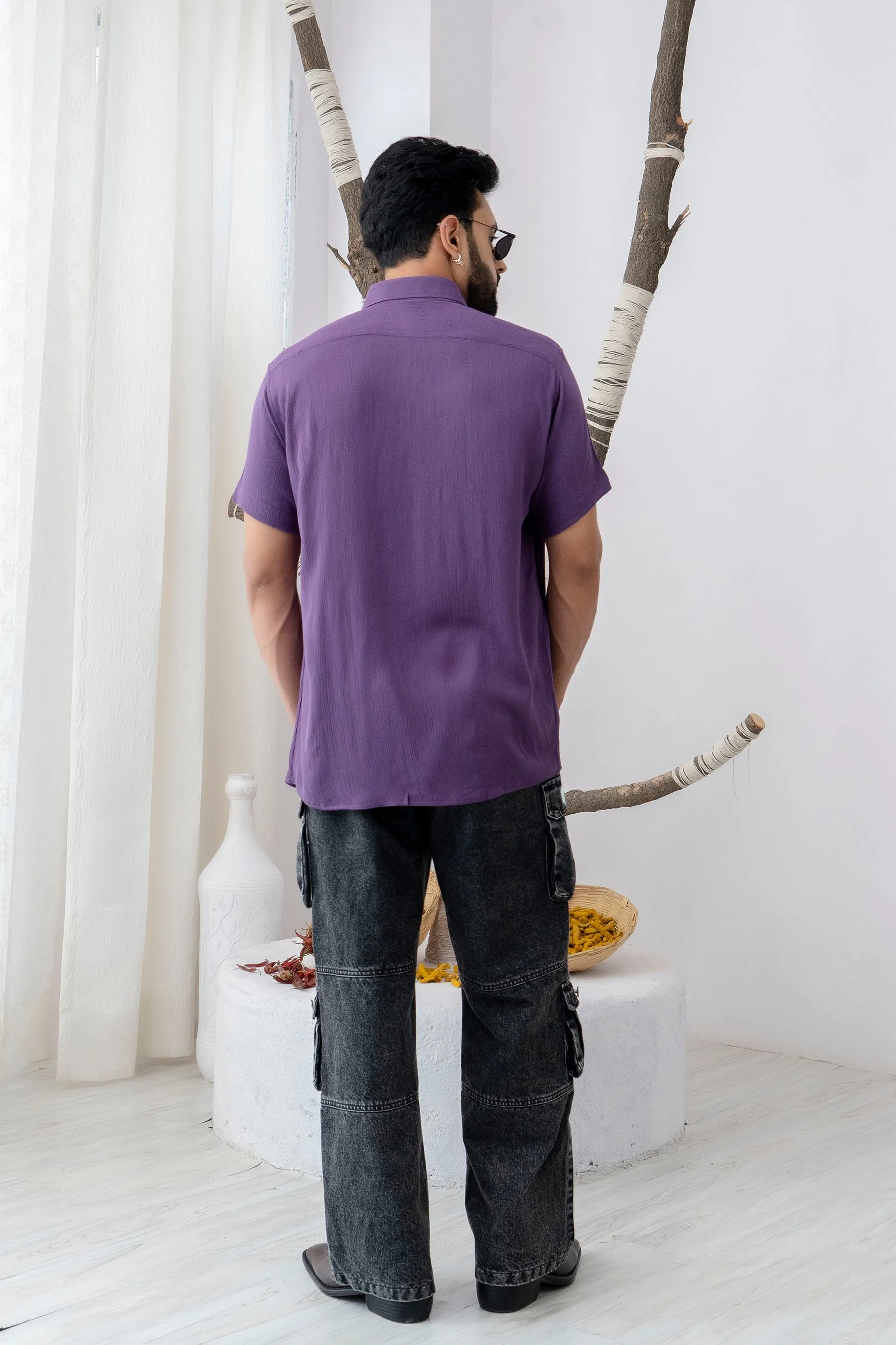 Firangi Yarn Relaxed Fit Solid Super Flowy Re-engineered Cotton- Half Sleeves Party Shirt Jamun Purple