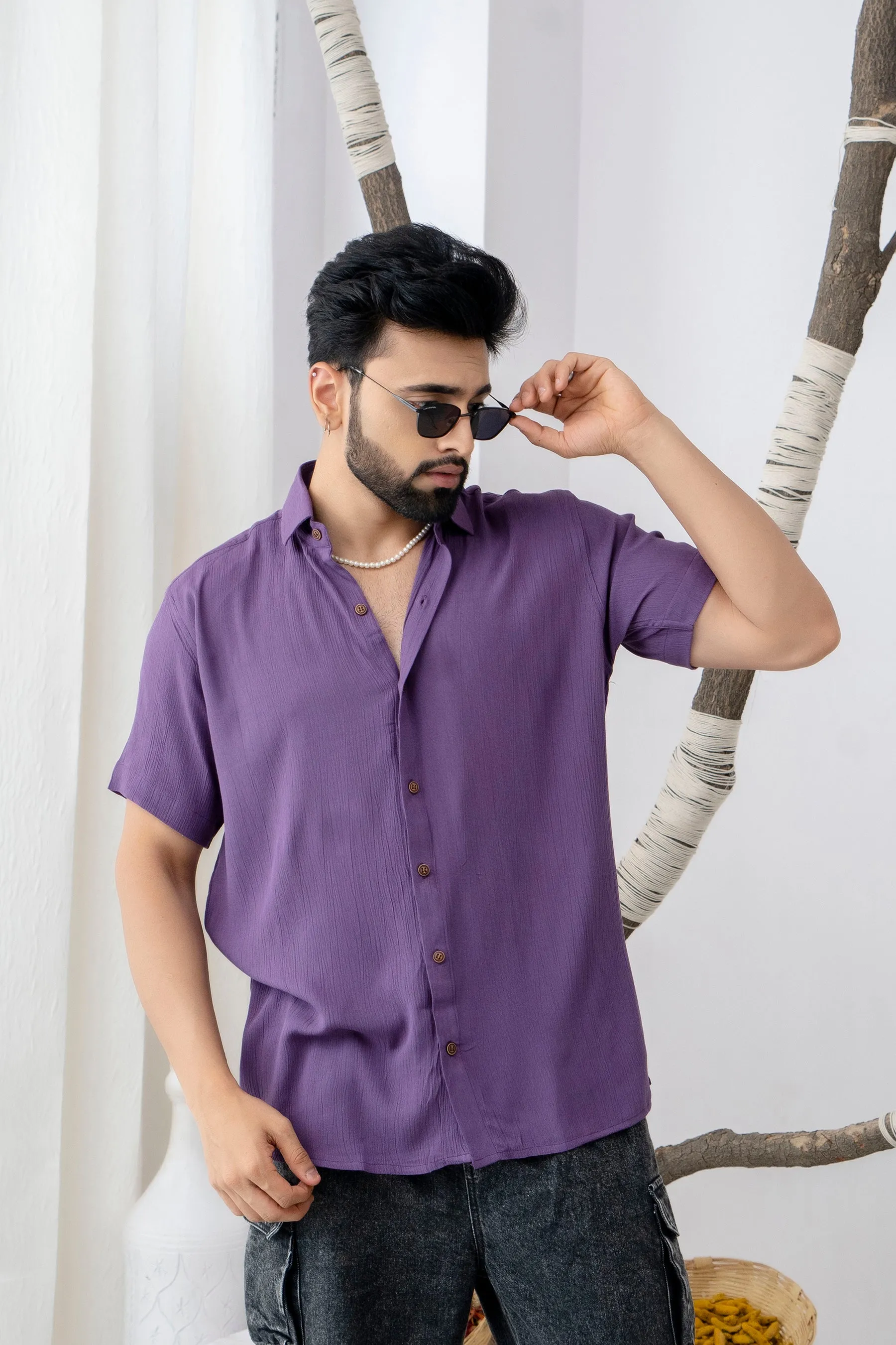 Firangi Yarn Relaxed Fit Solid Super Flowy Re-engineered Cotton- Half Sleeves Party Shirt Jamun Purple