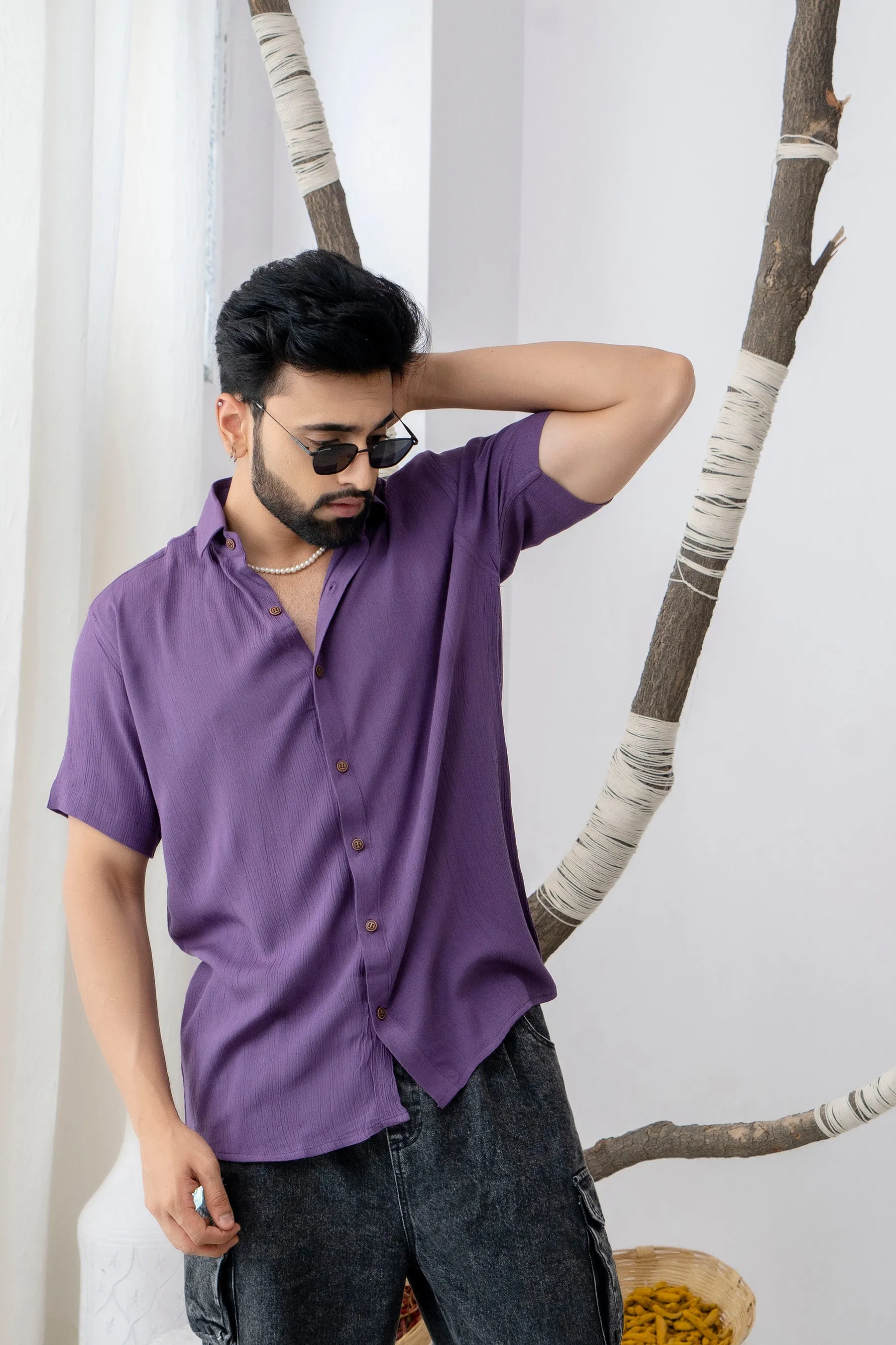 Firangi Yarn Relaxed Fit Solid Super Flowy Re-engineered Cotton- Half Sleeves Party Shirt Jamun Purple