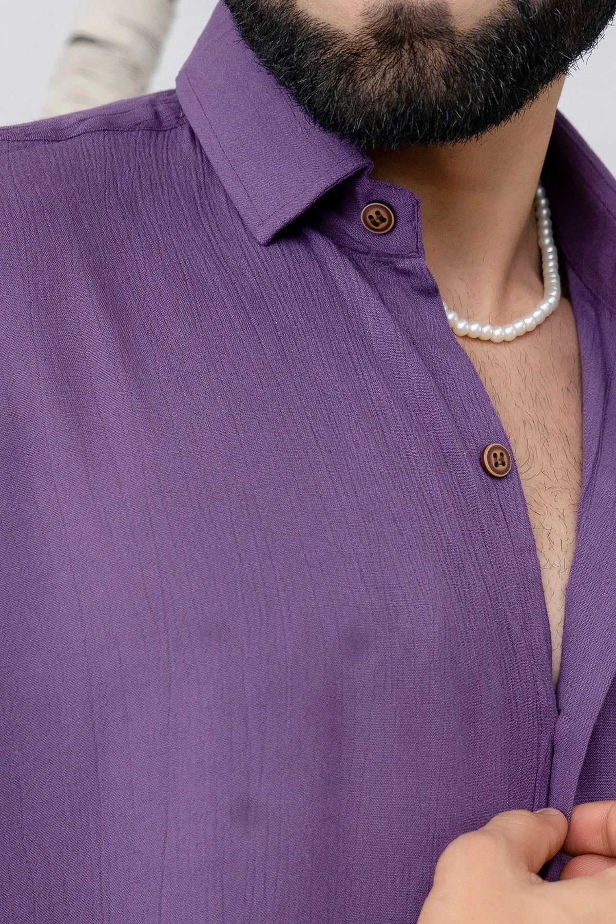 Firangi Yarn Relaxed Fit Solid Super Flowy Re-engineered Cotton- Half Sleeves Party Shirt Jamun Purple