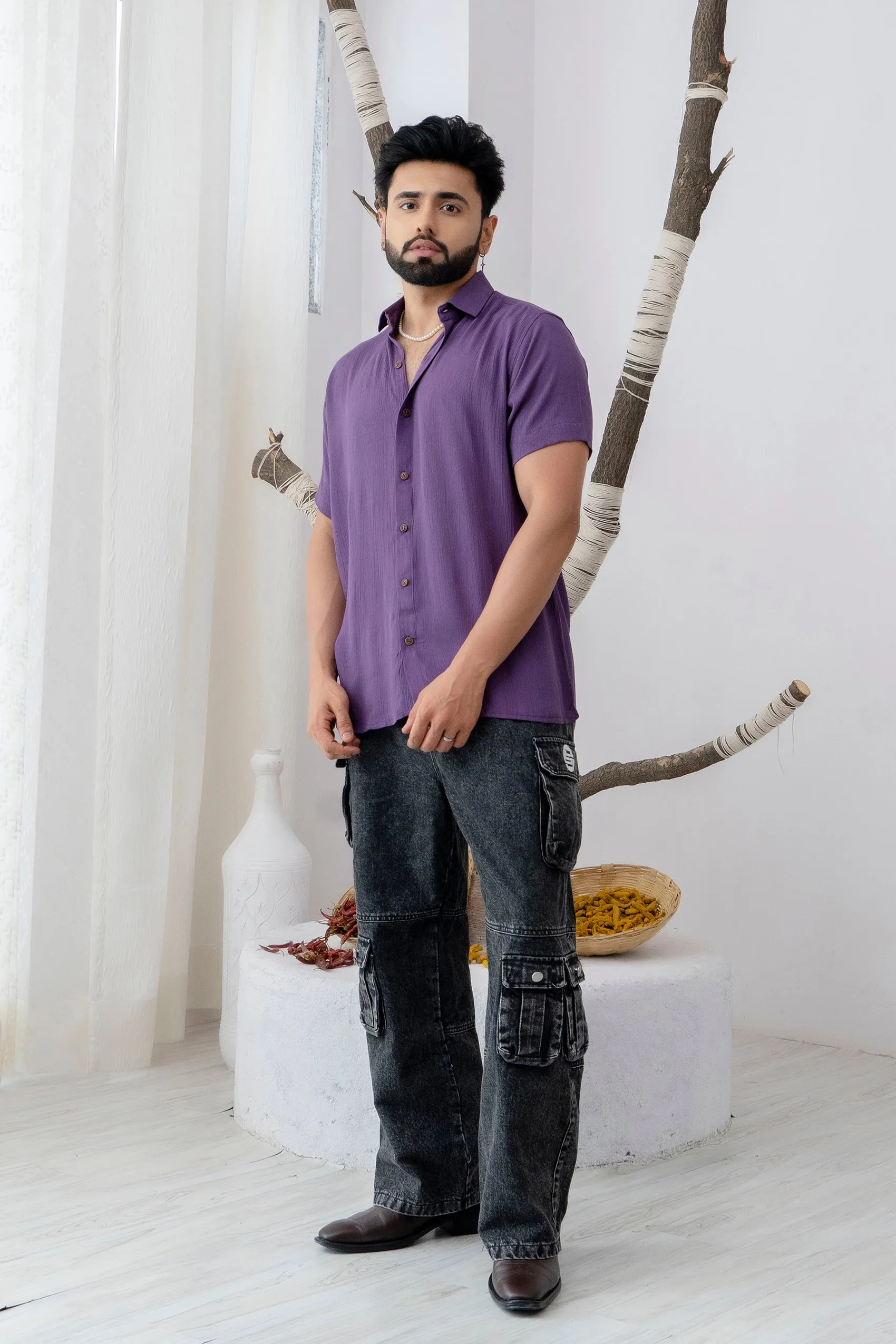 Firangi Yarn Relaxed Fit Solid Super Flowy Re-engineered Cotton- Half Sleeves Party Shirt Jamun Purple