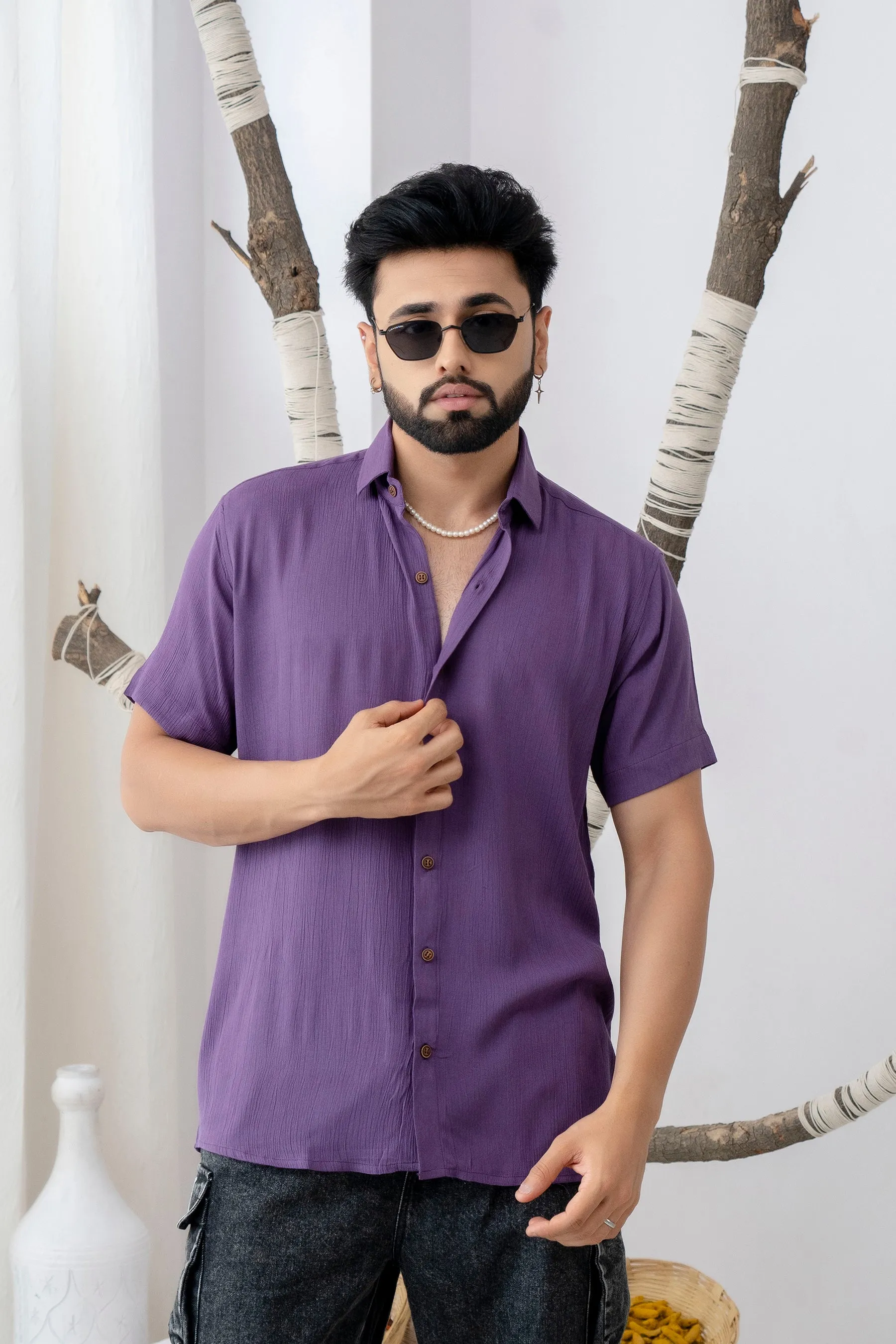 Firangi Yarn Relaxed Fit Solid Super Flowy Re-engineered Cotton- Half Sleeves Party Shirt Jamun Purple