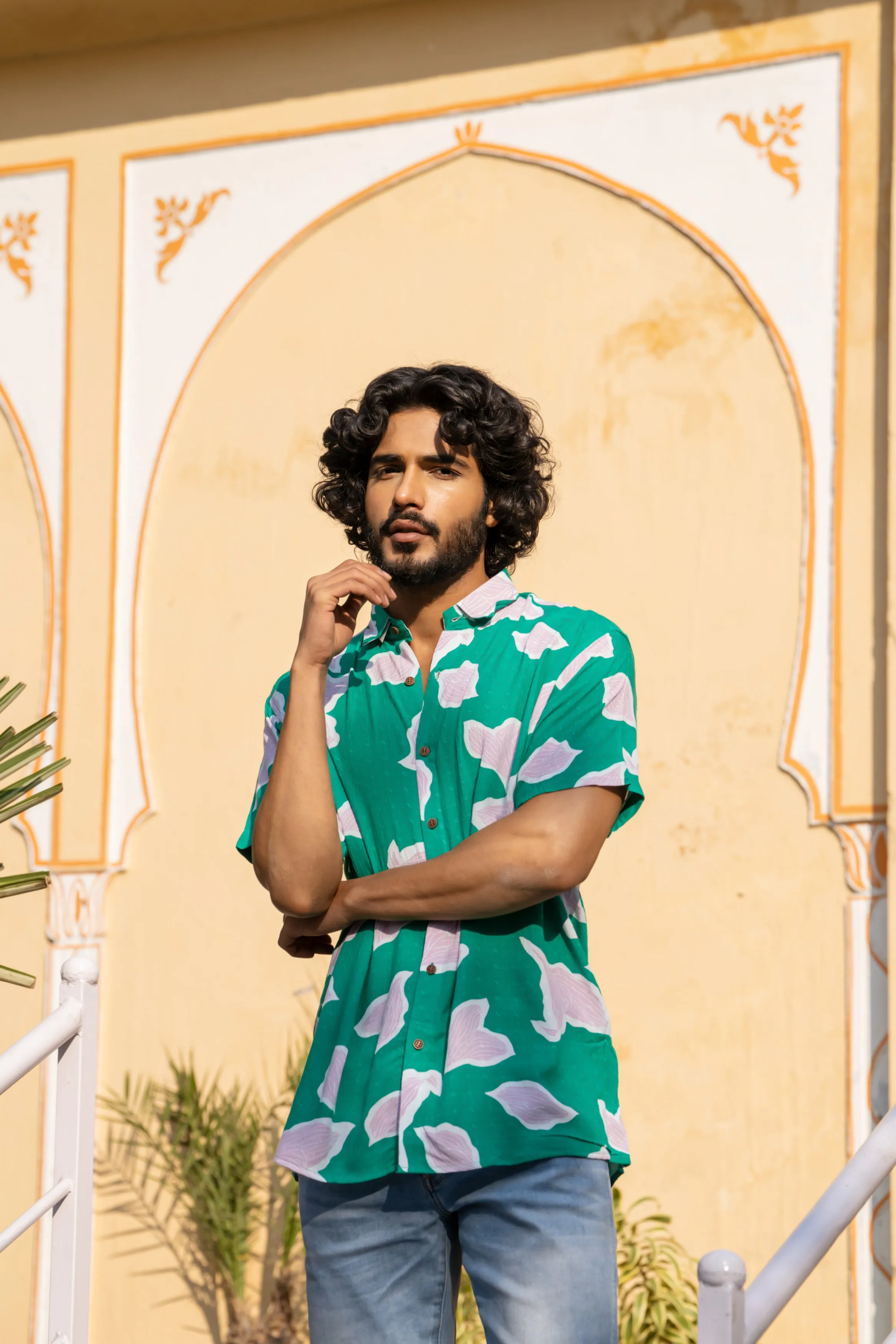 Firangi Yarn Relaxed Fit Super Flowy Re-engineered Cotton Printed Shirt- Half Sleeves (Green Strawberry)