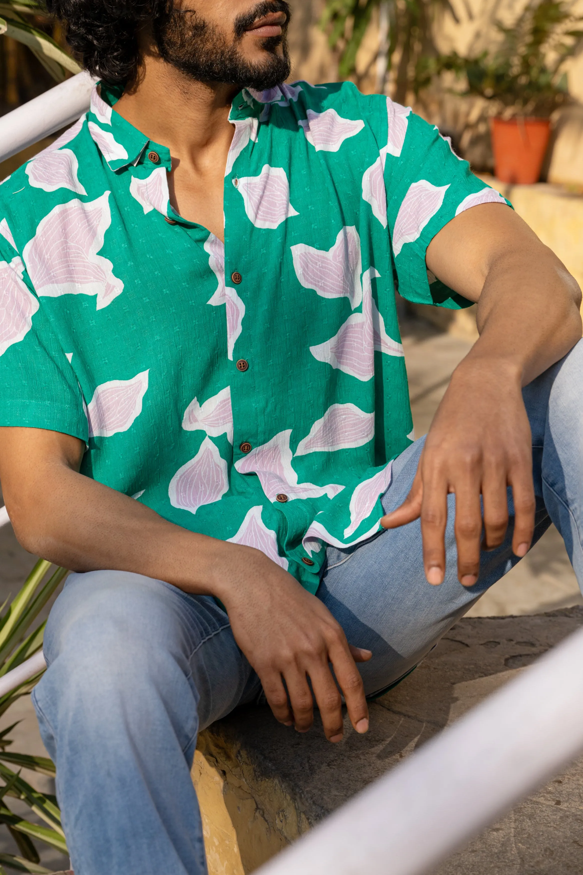 Firangi Yarn Relaxed Fit Super Flowy Re-engineered Cotton Printed Shirt- Half Sleeves (Green Strawberry)