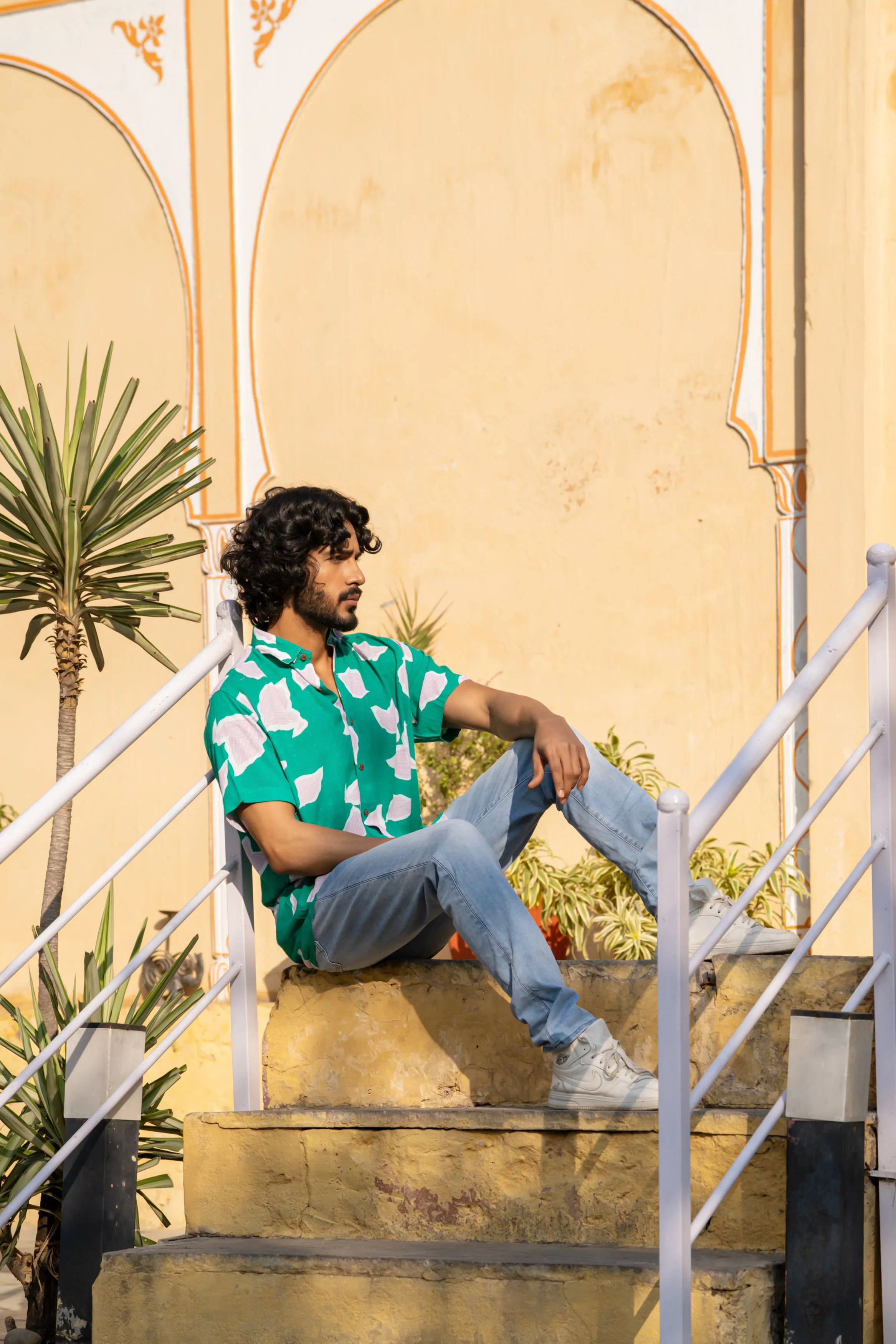 Firangi Yarn Relaxed Fit Super Flowy Re-engineered Cotton Printed Shirt- Half Sleeves (Green Strawberry)