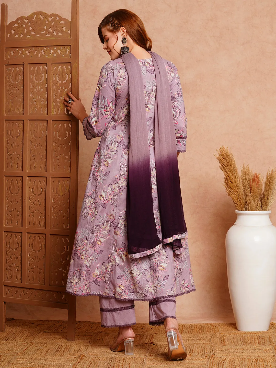 Floral Printed & Hand Embroidered Anarkali with Palazzo & Dupatta - Lavender
