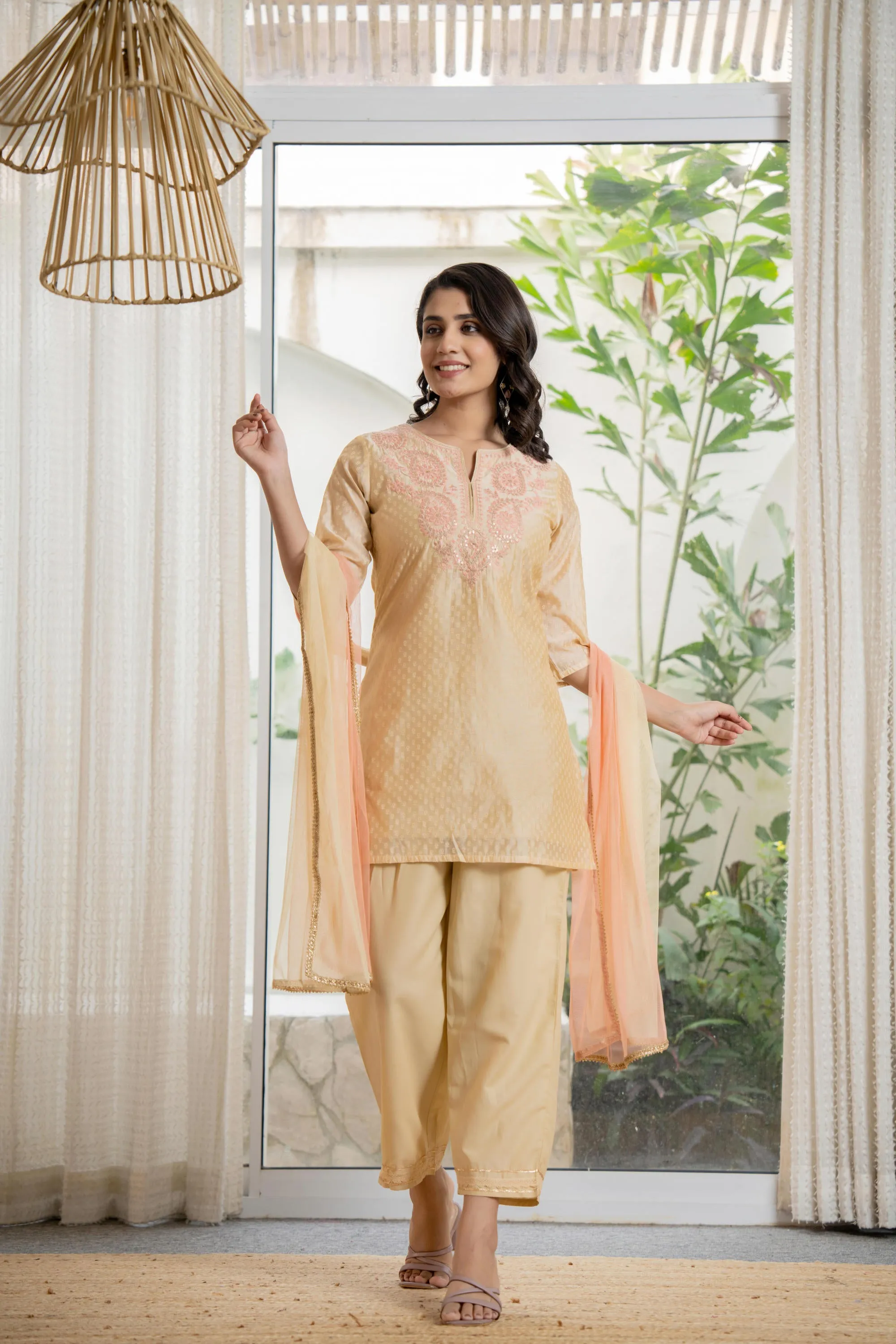 Gold Solid Chanderi Kurta Set With Thread Work & Gota Patti