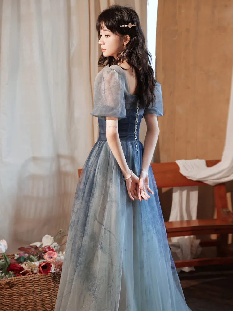 Gradient Blue A Line Prom Dress Short Sleeves Formal Party Dress 662