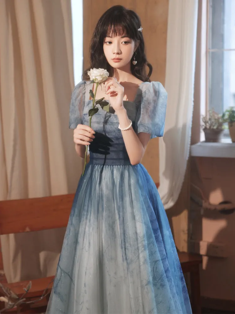 Gradient Blue A Line Prom Dress Short Sleeves Formal Party Dress 662