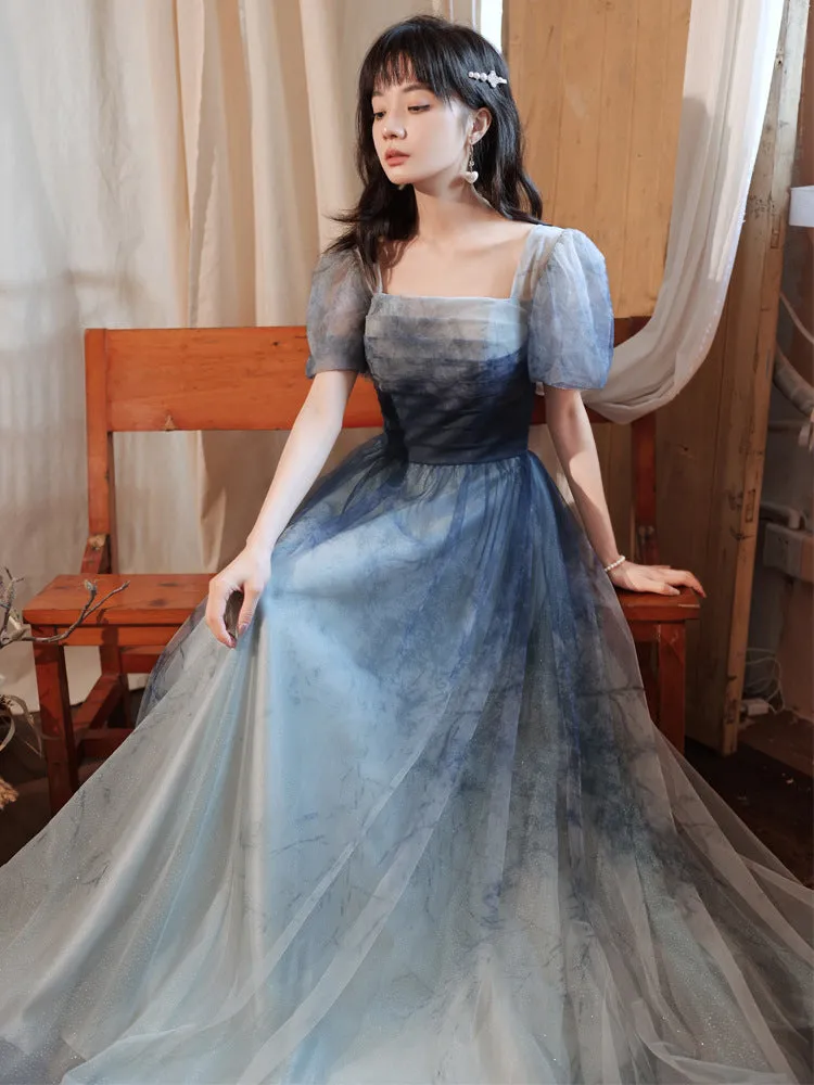 Gradient Blue A Line Prom Dress Short Sleeves Formal Party Dress 662