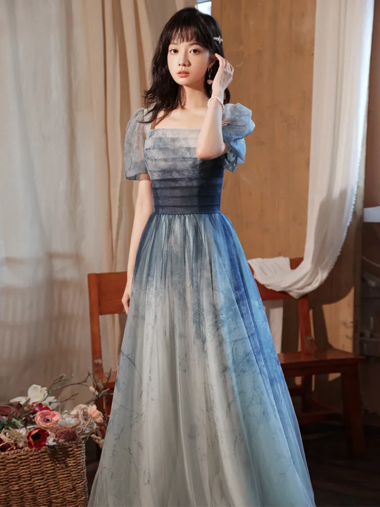 Gradient Blue A Line Prom Dress Short Sleeves Formal Party Dress 662