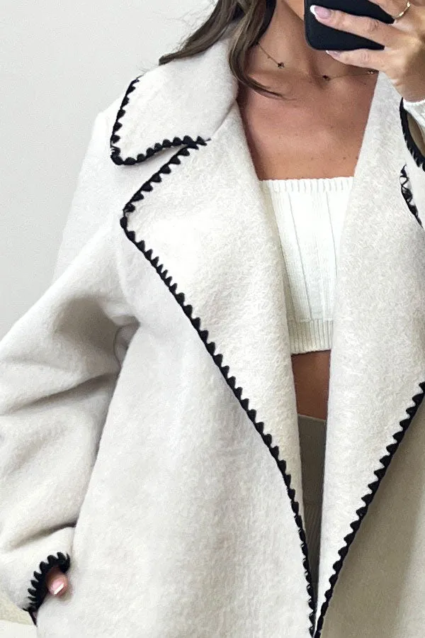 Juliette Beige Wool Look Contrasting Trim Longline Coat