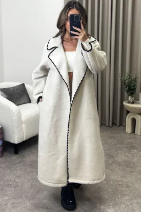 Juliette Beige Wool Look Contrasting Trim Longline Coat