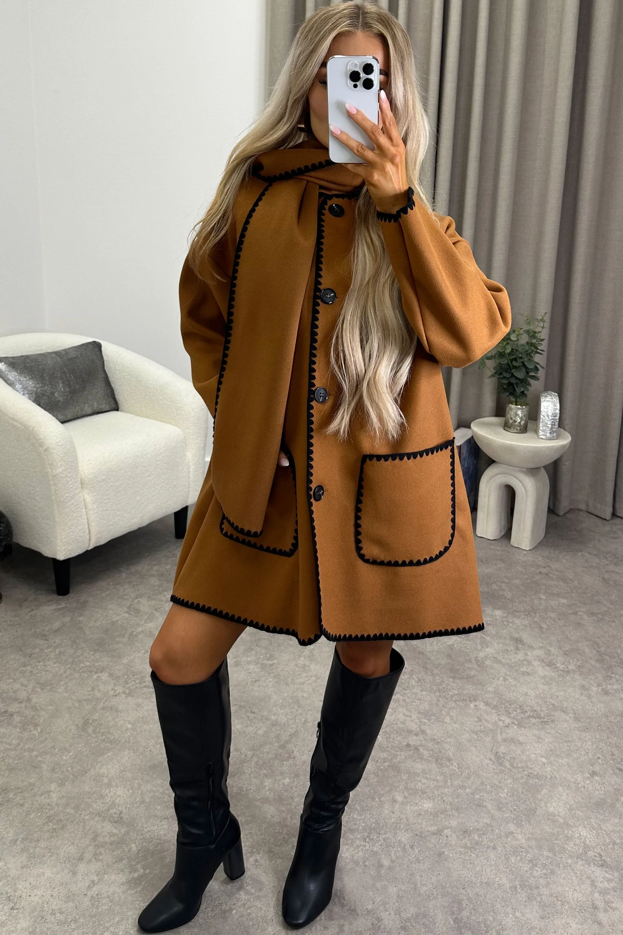 Kandice Brown Wool Look Contrasting Trim Scarf Tailored Coat