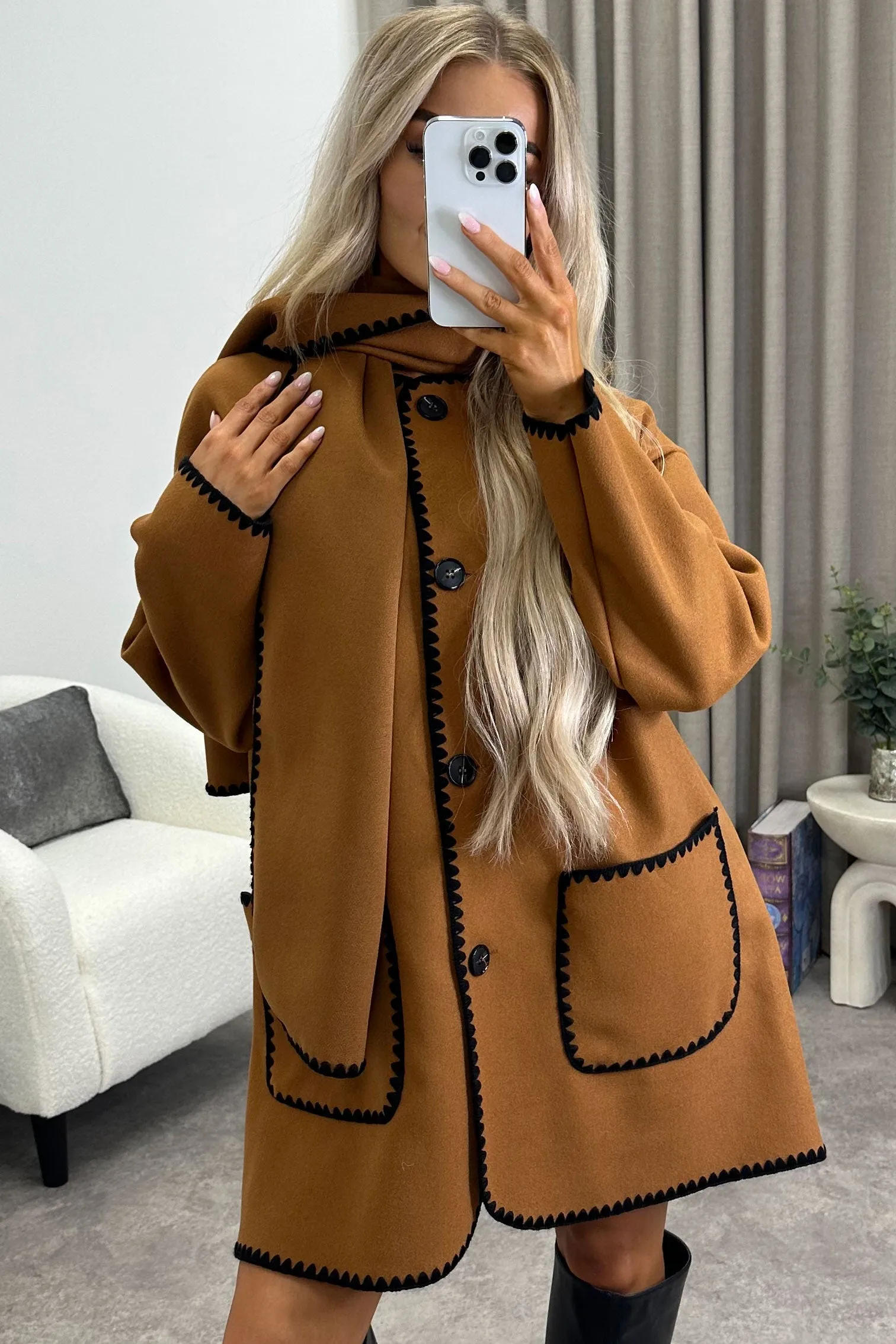 Kandice Brown Wool Look Contrasting Trim Scarf Tailored Coat