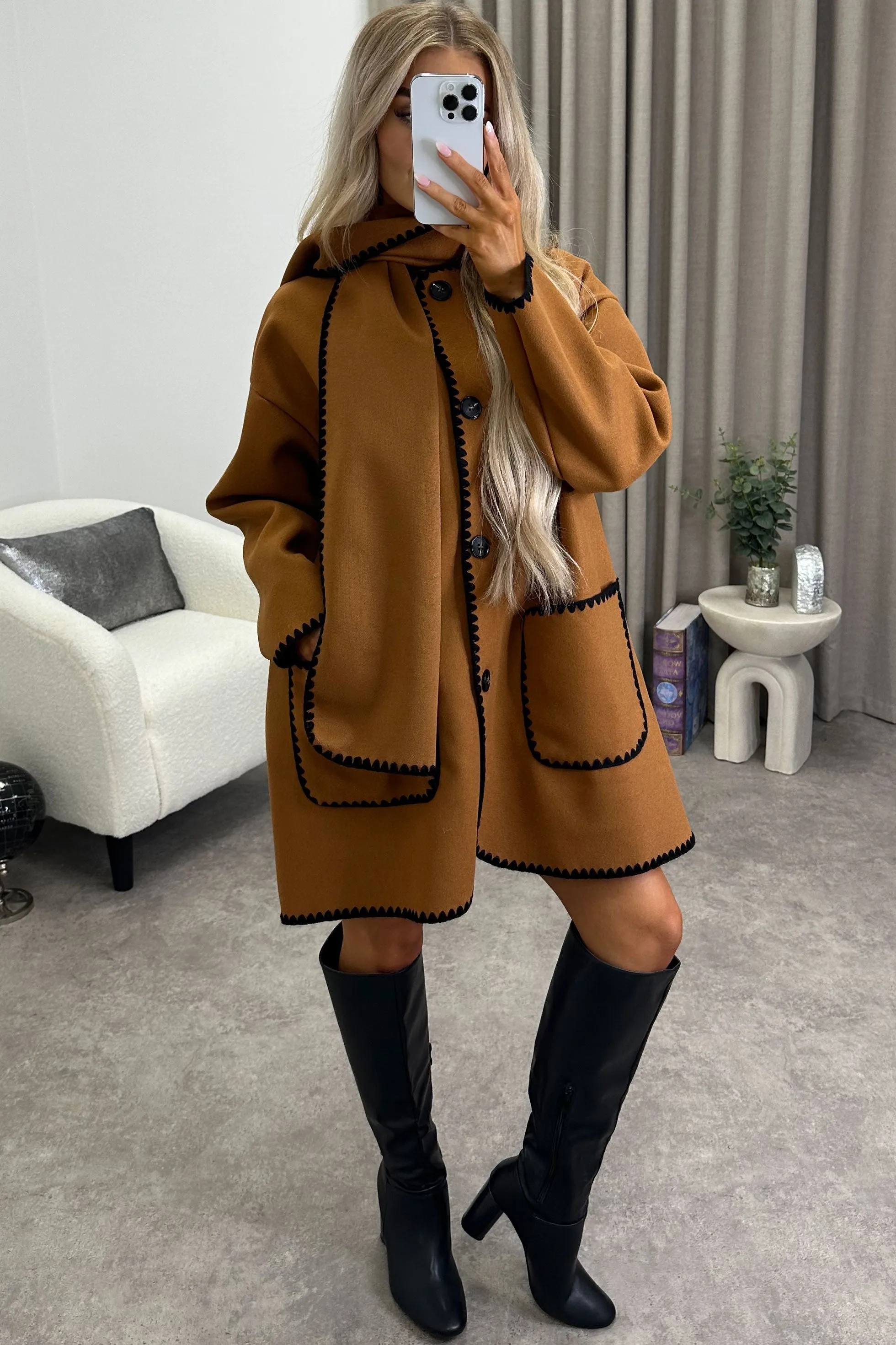 Kandice Brown Wool Look Contrasting Trim Scarf Tailored Coat