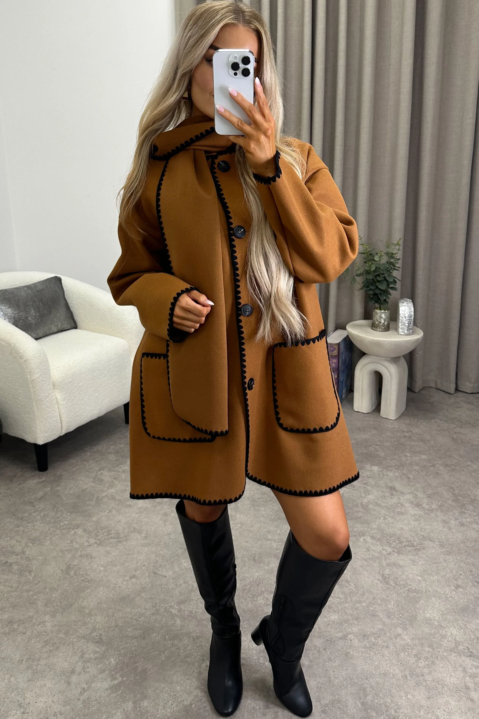 Kandice Brown Wool Look Contrasting Trim Scarf Tailored Coat
