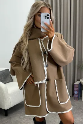 Kandice Dark Beige Wool Look Contrasting Trim Scarf Tailored Coat