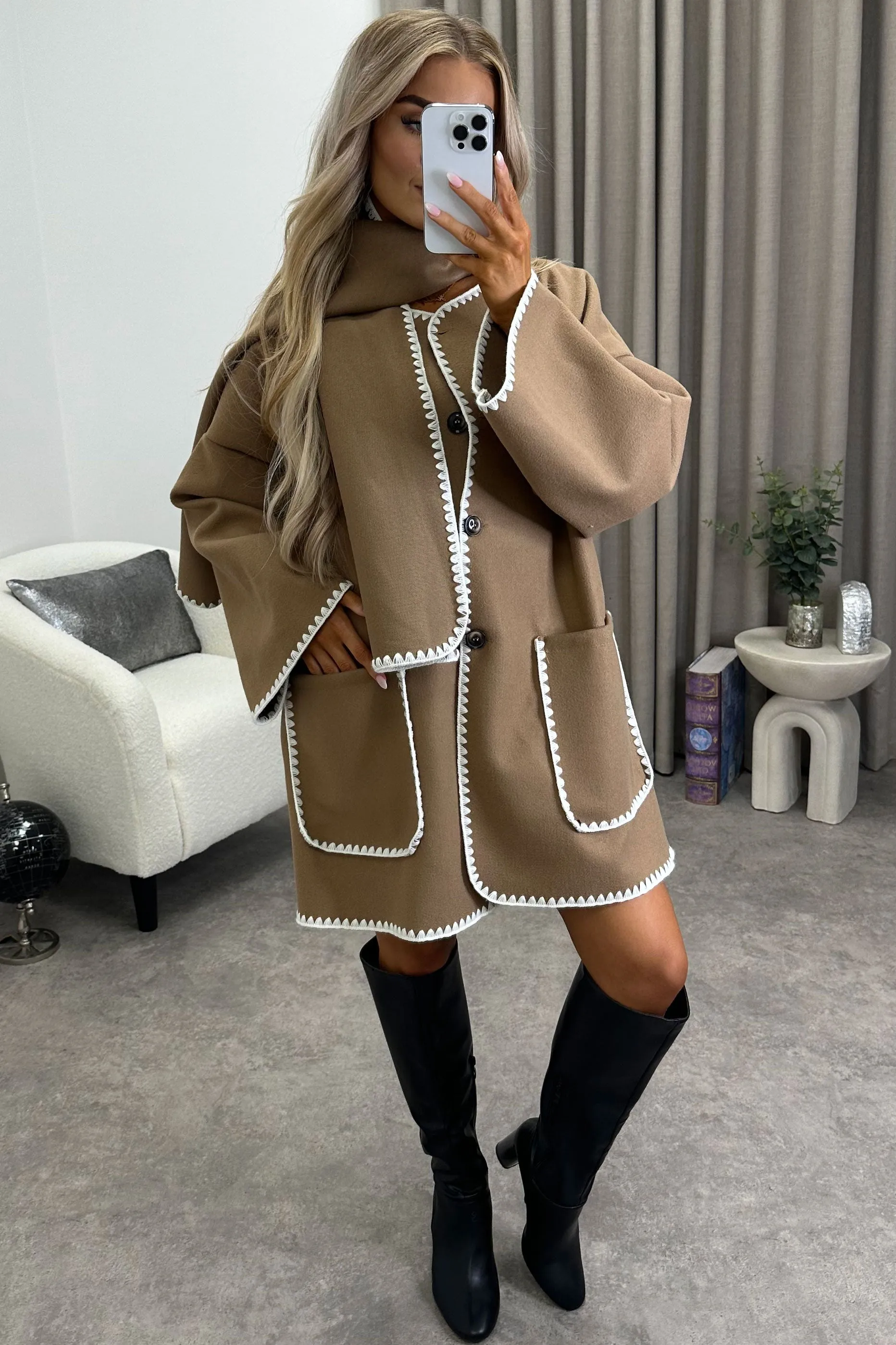 Kandice Dark Beige Wool Look Contrasting Trim Scarf Tailored Coat
