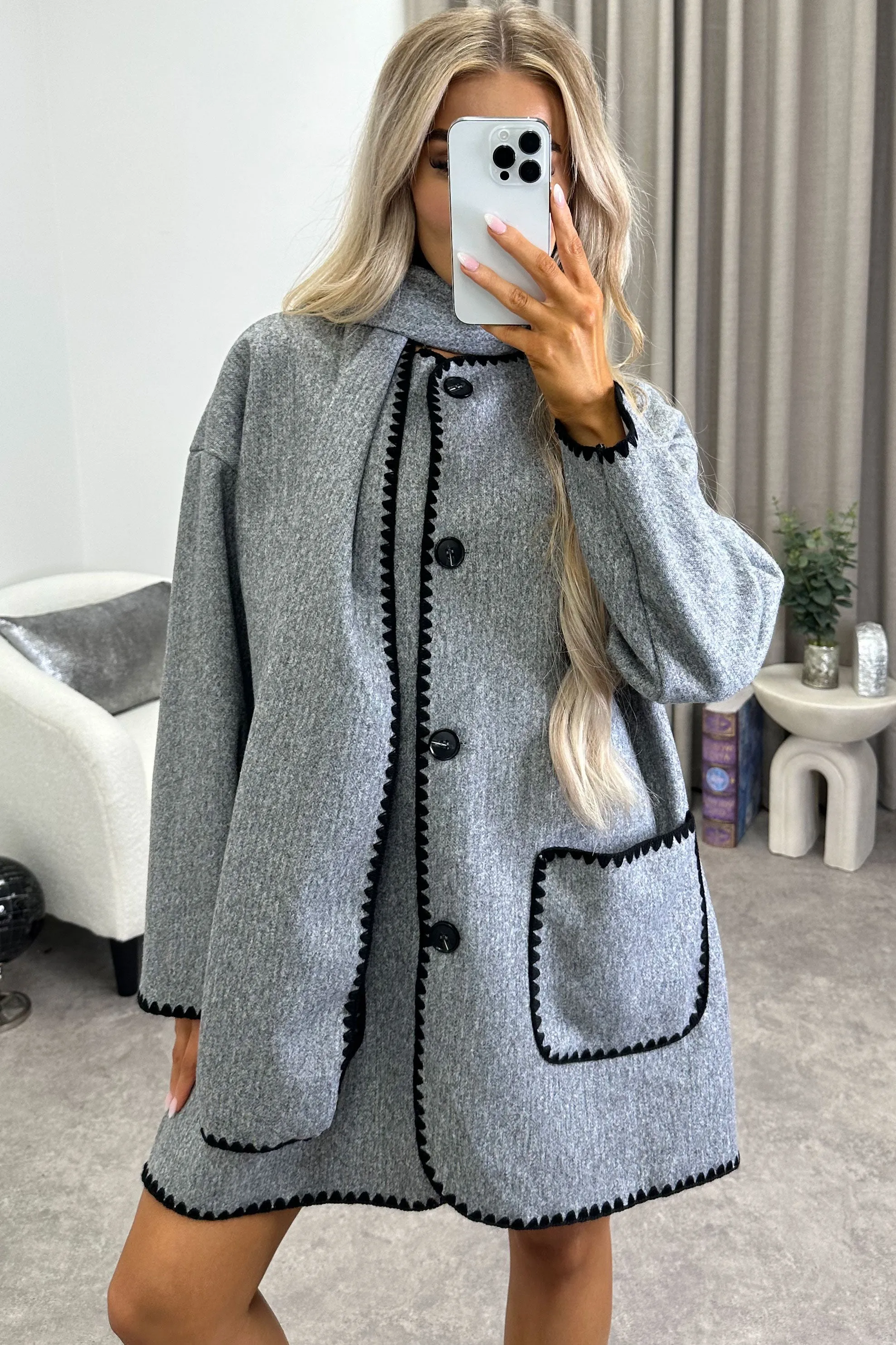 Kandice Grey Wool Look Contrasting Trim Scarf Tailored Coat