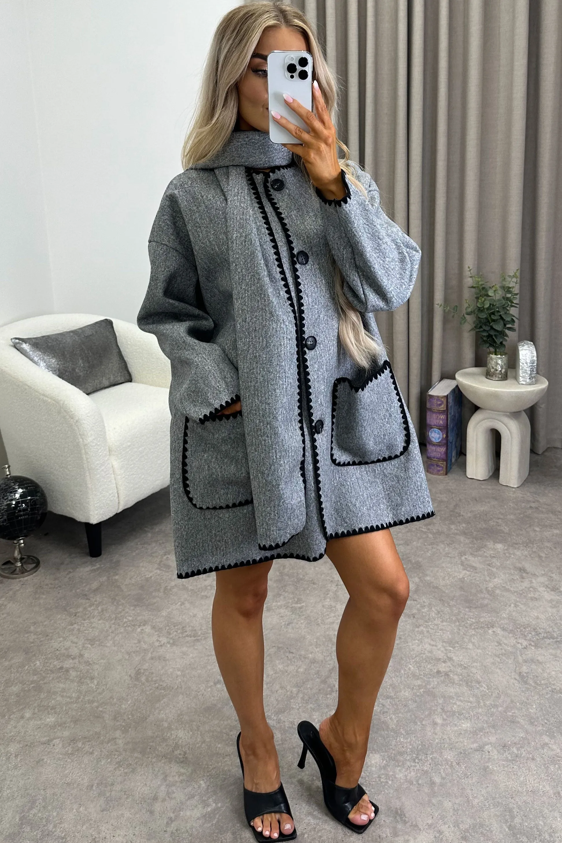 Kandice Grey Wool Look Contrasting Trim Scarf Tailored Coat