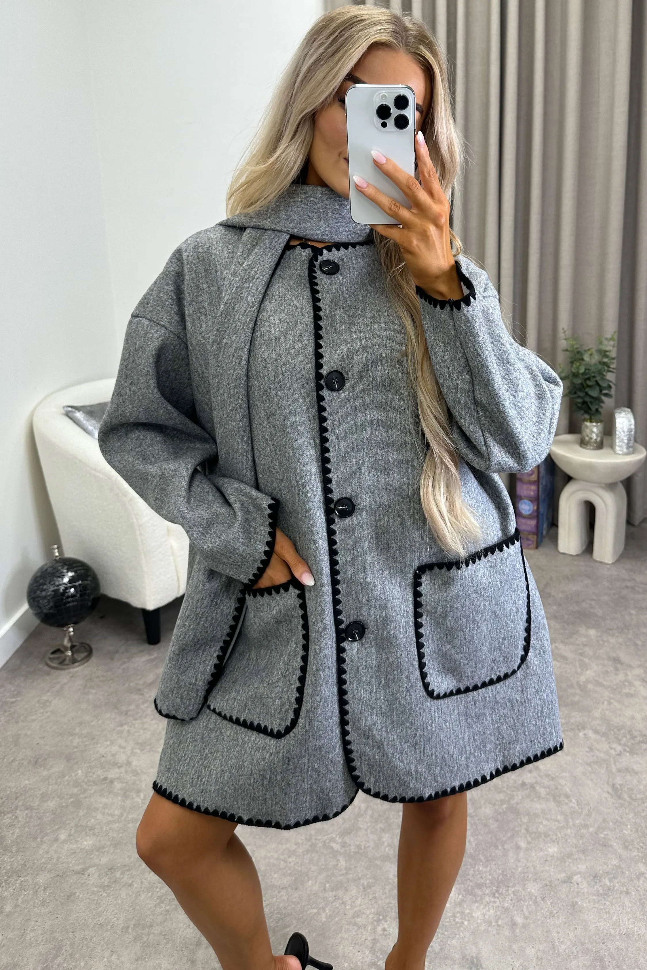 Kandice Grey Wool Look Contrasting Trim Scarf Tailored Coat