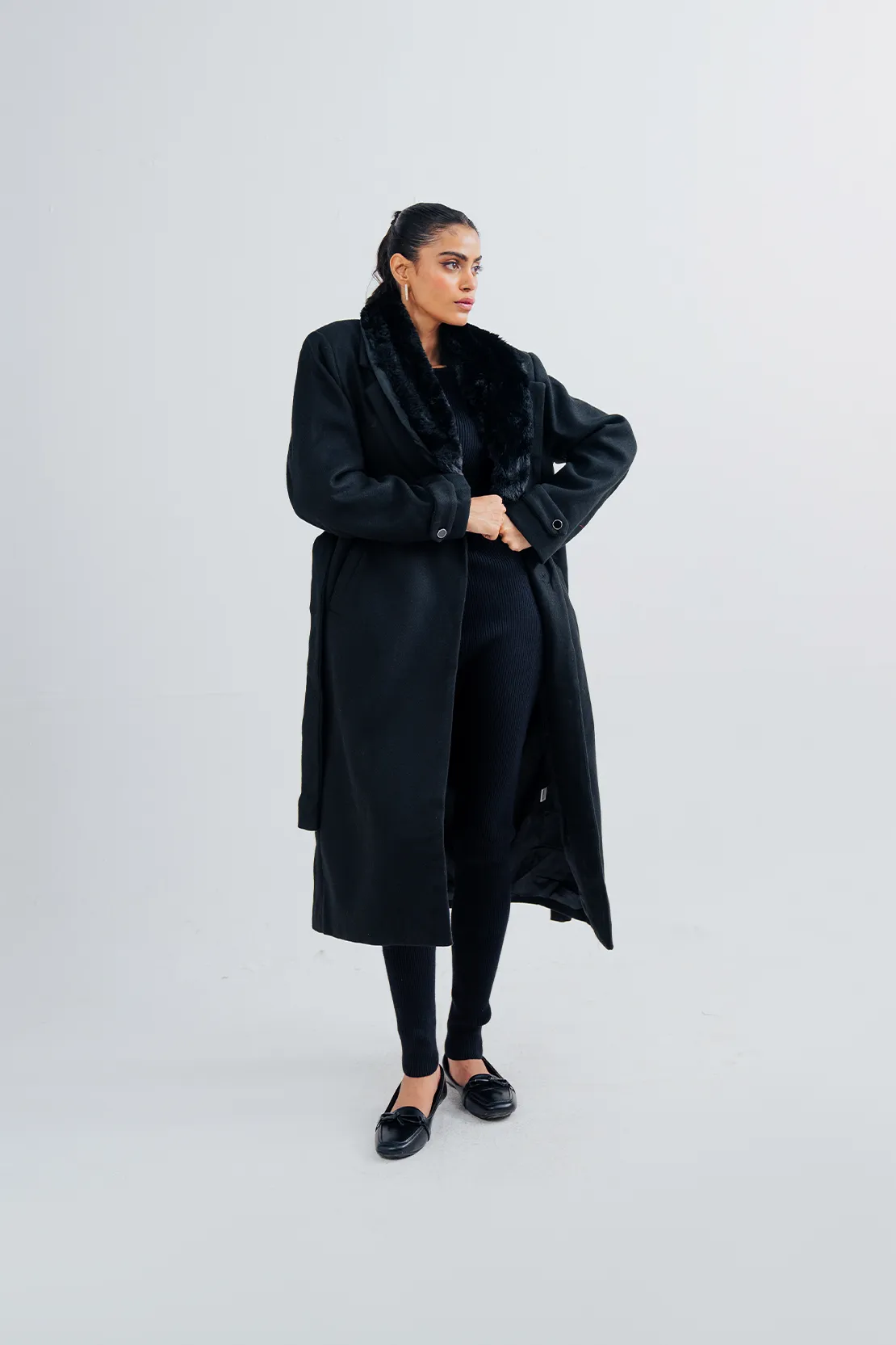Ladies Fur Collar Long Coat
