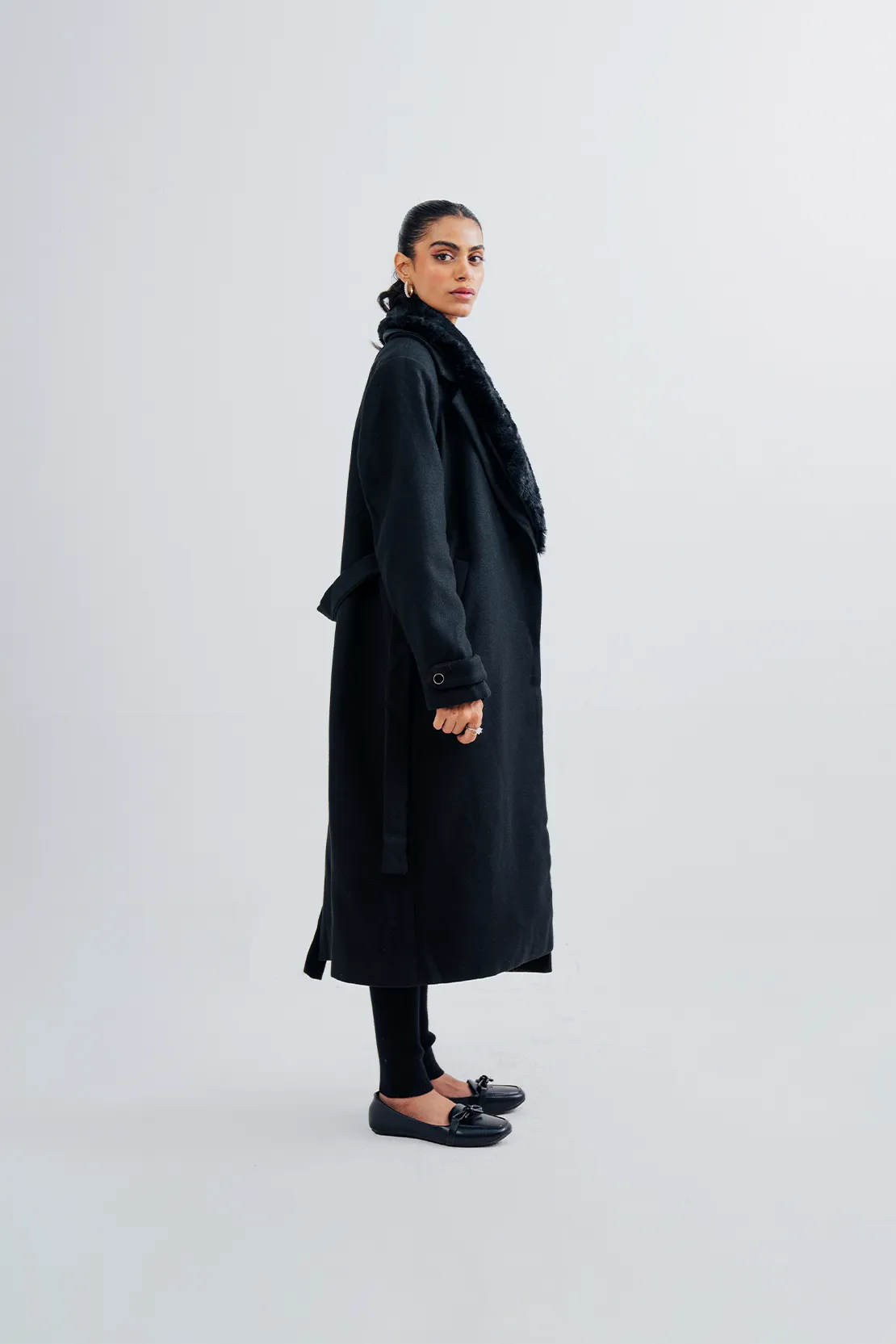 Ladies Fur Collar Long Coat