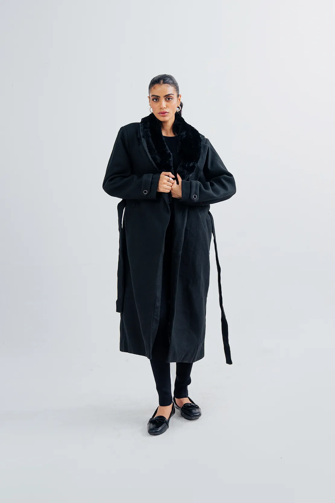 Ladies Fur Collar Long Coat