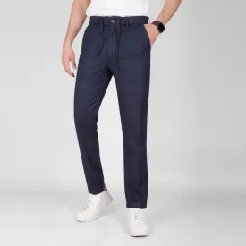 Linen-Cotton Drawstring Trousers  -  NAVY- Available in store