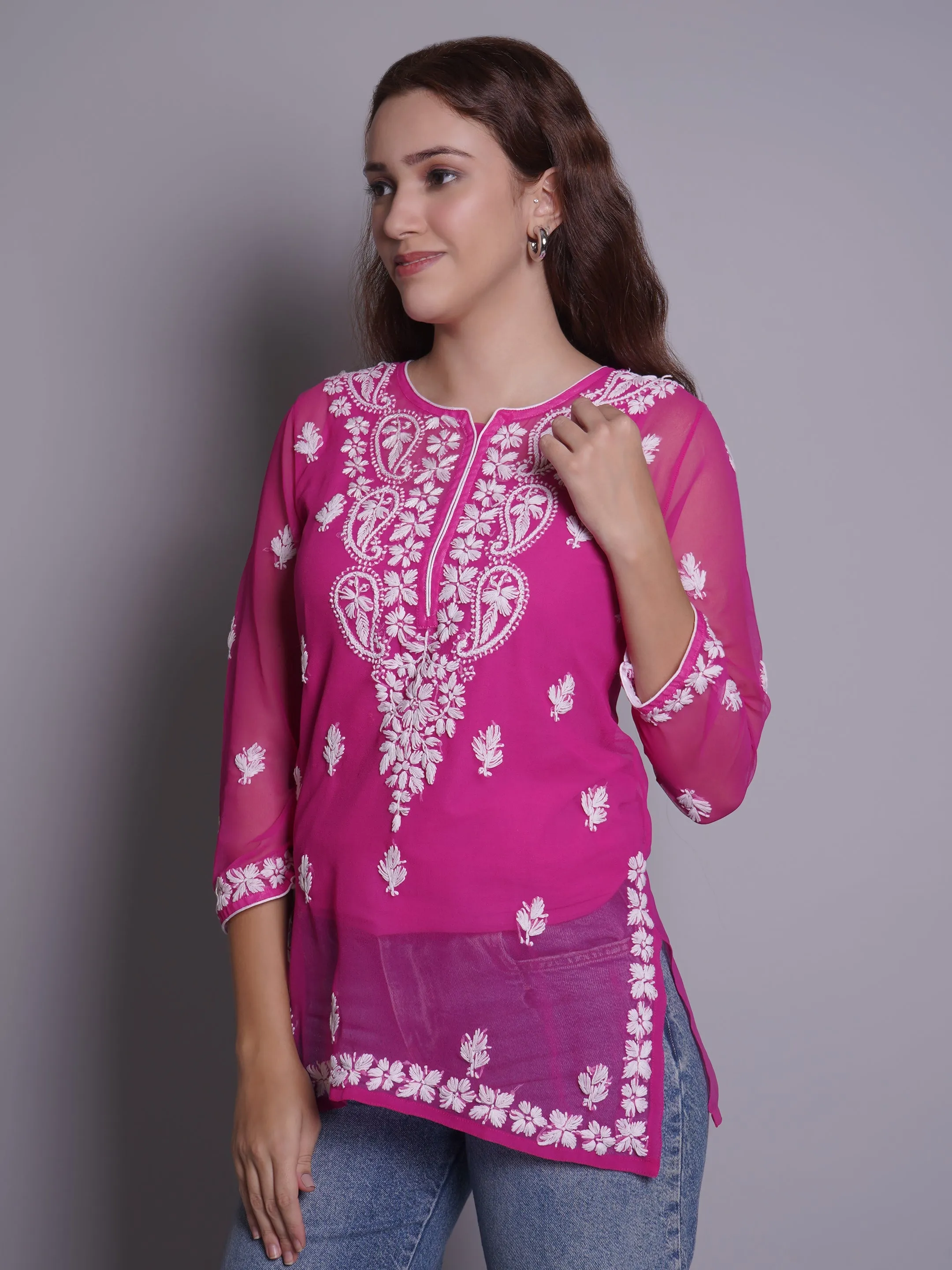 Magenta Georgette Chikankari Short Tunic With Slip