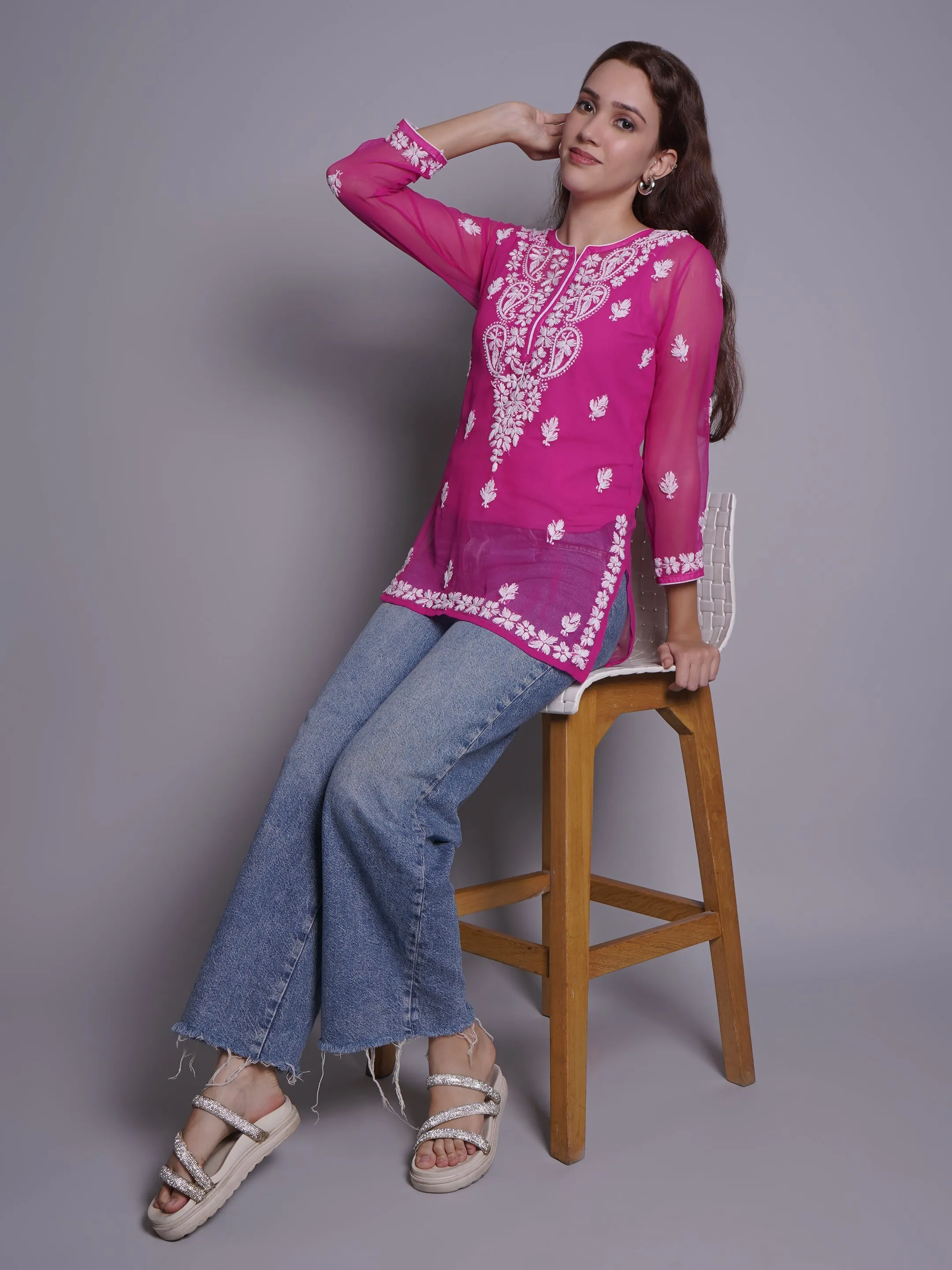 Magenta Georgette Chikankari Short Tunic With Slip