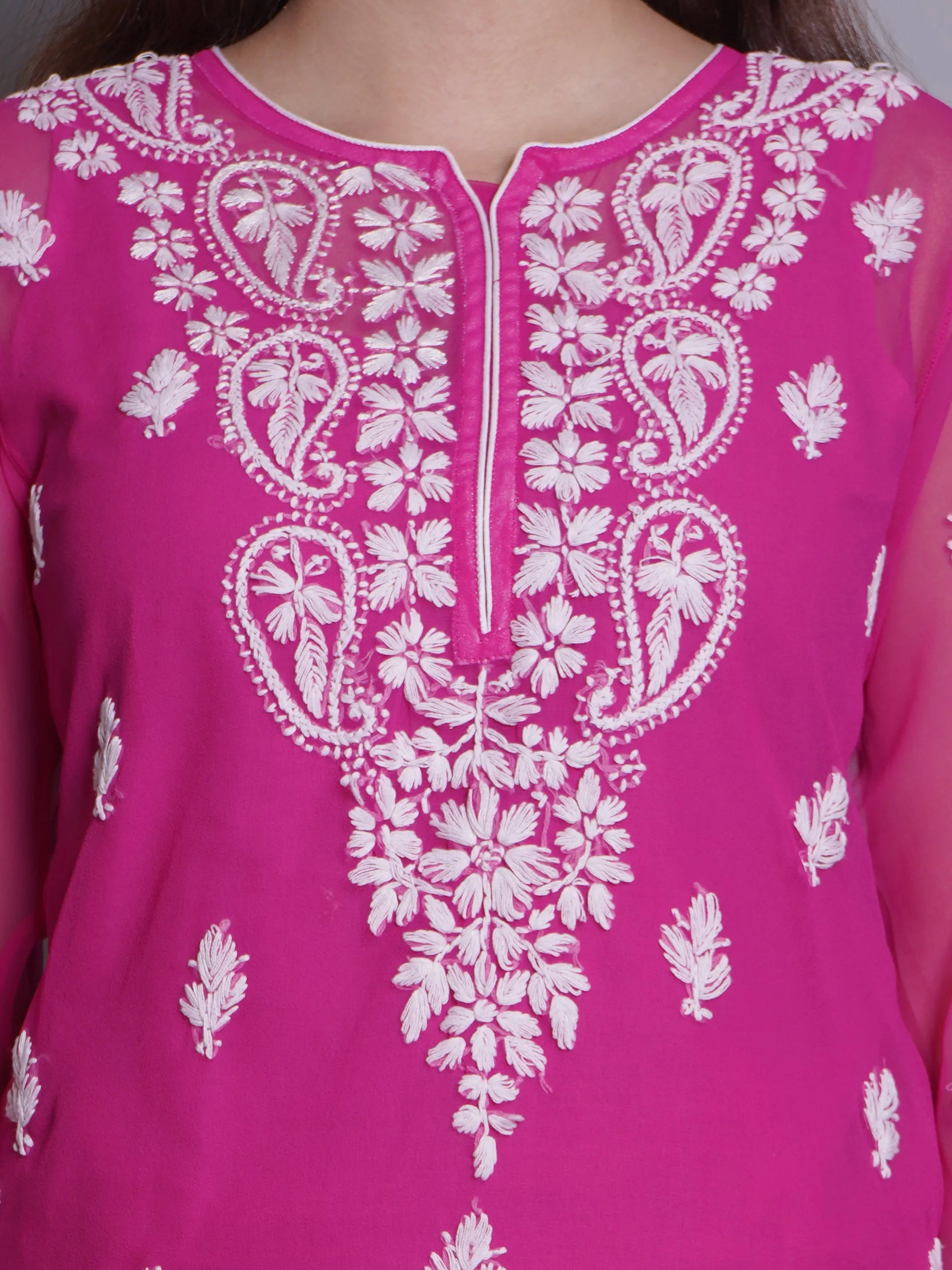 Magenta Georgette Chikankari Short Tunic With Slip