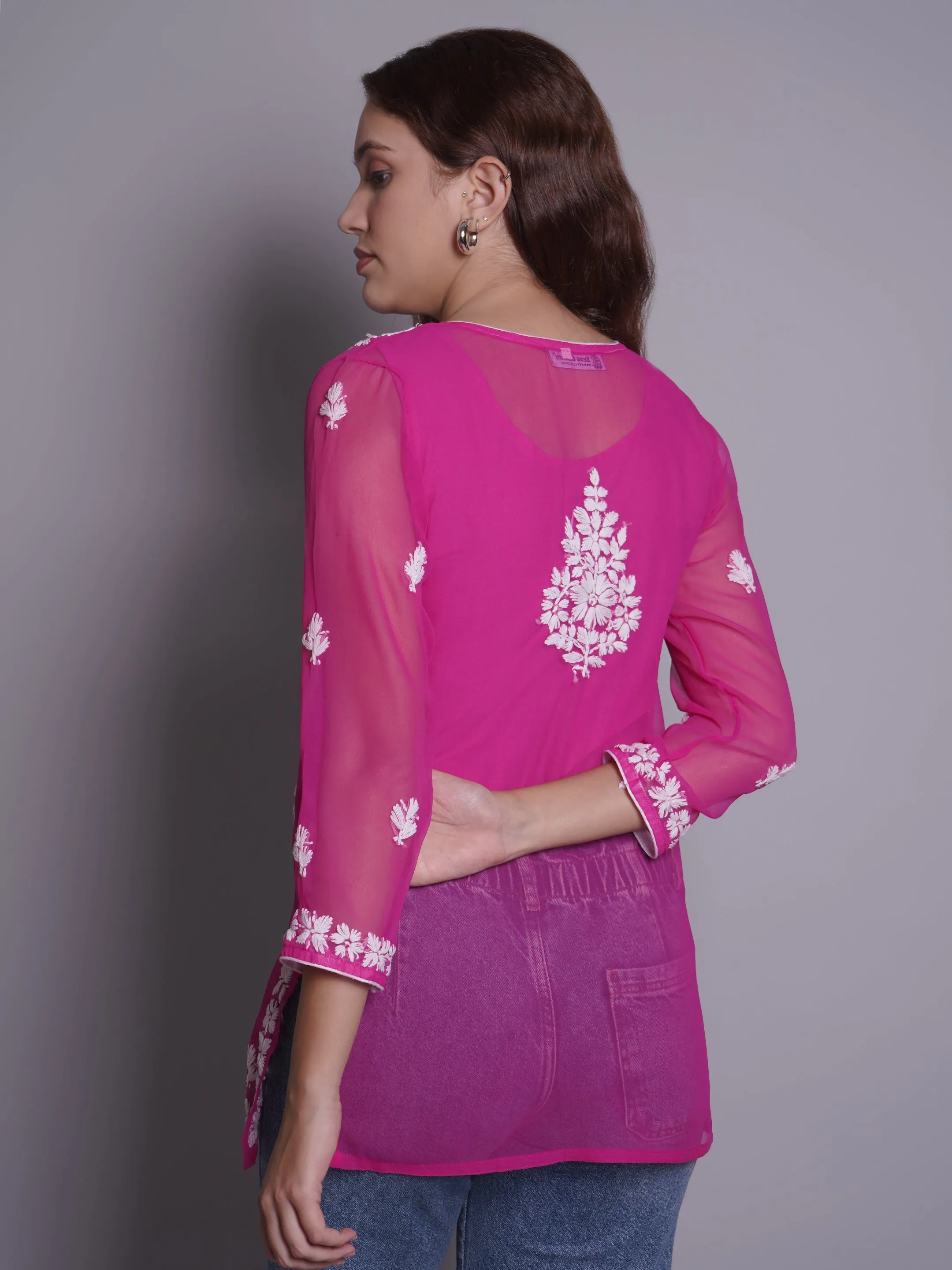 Magenta Georgette Chikankari Short Tunic With Slip