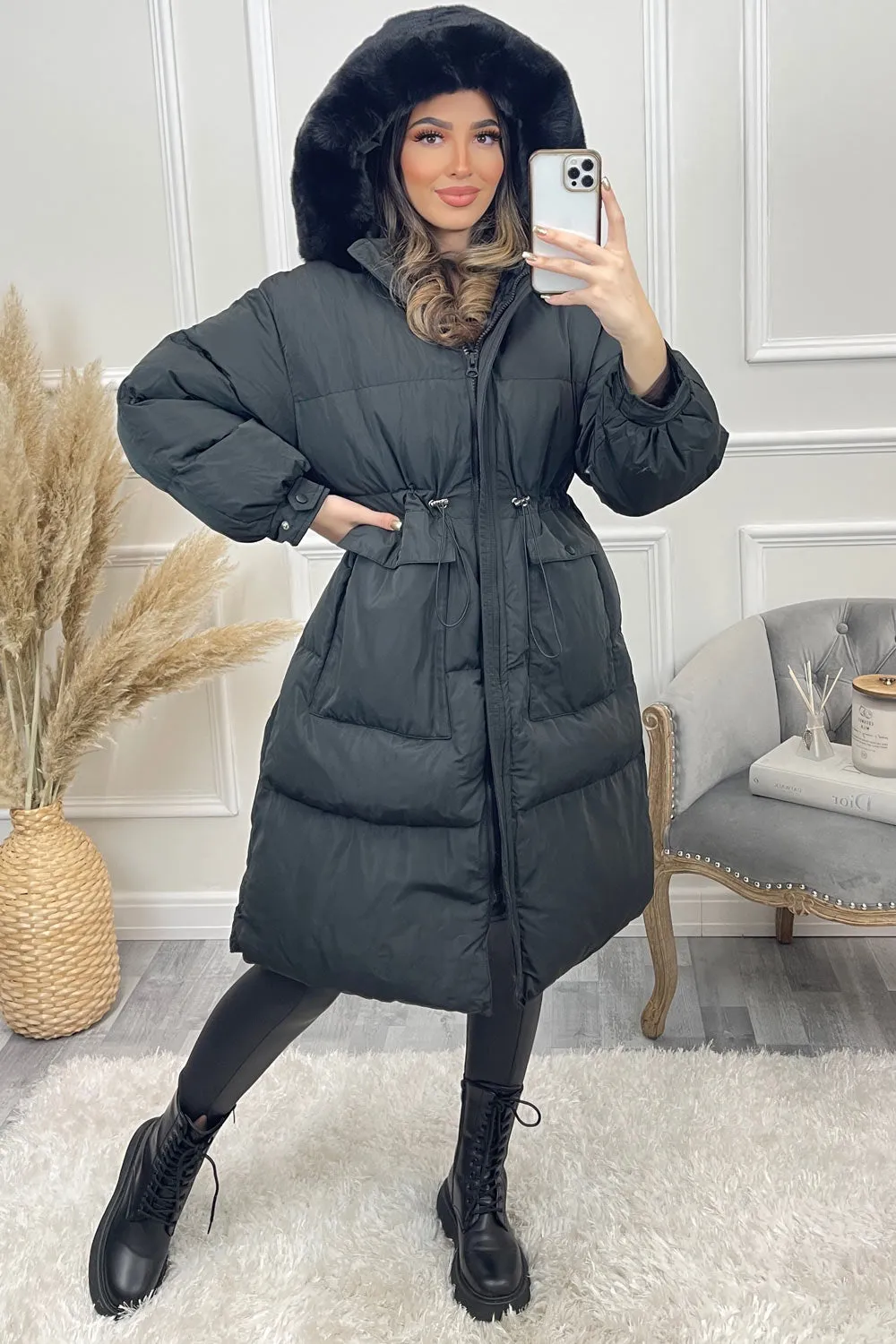 Marley Black Puffer Faux Fur Hooded Longline Coat