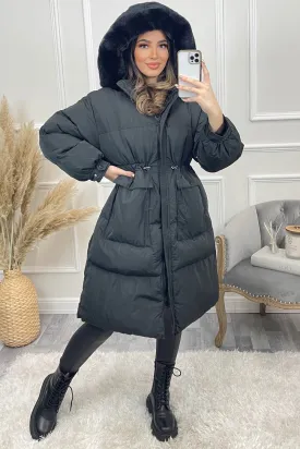 Marley Black Puffer Faux Fur Hooded Longline Coat