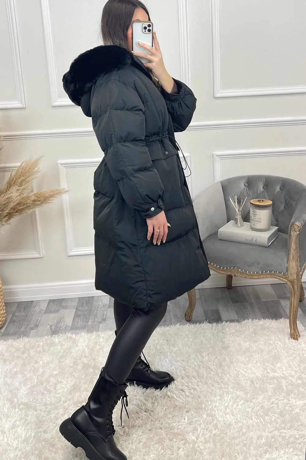 Marley Black Puffer Faux Fur Hooded Longline Coat