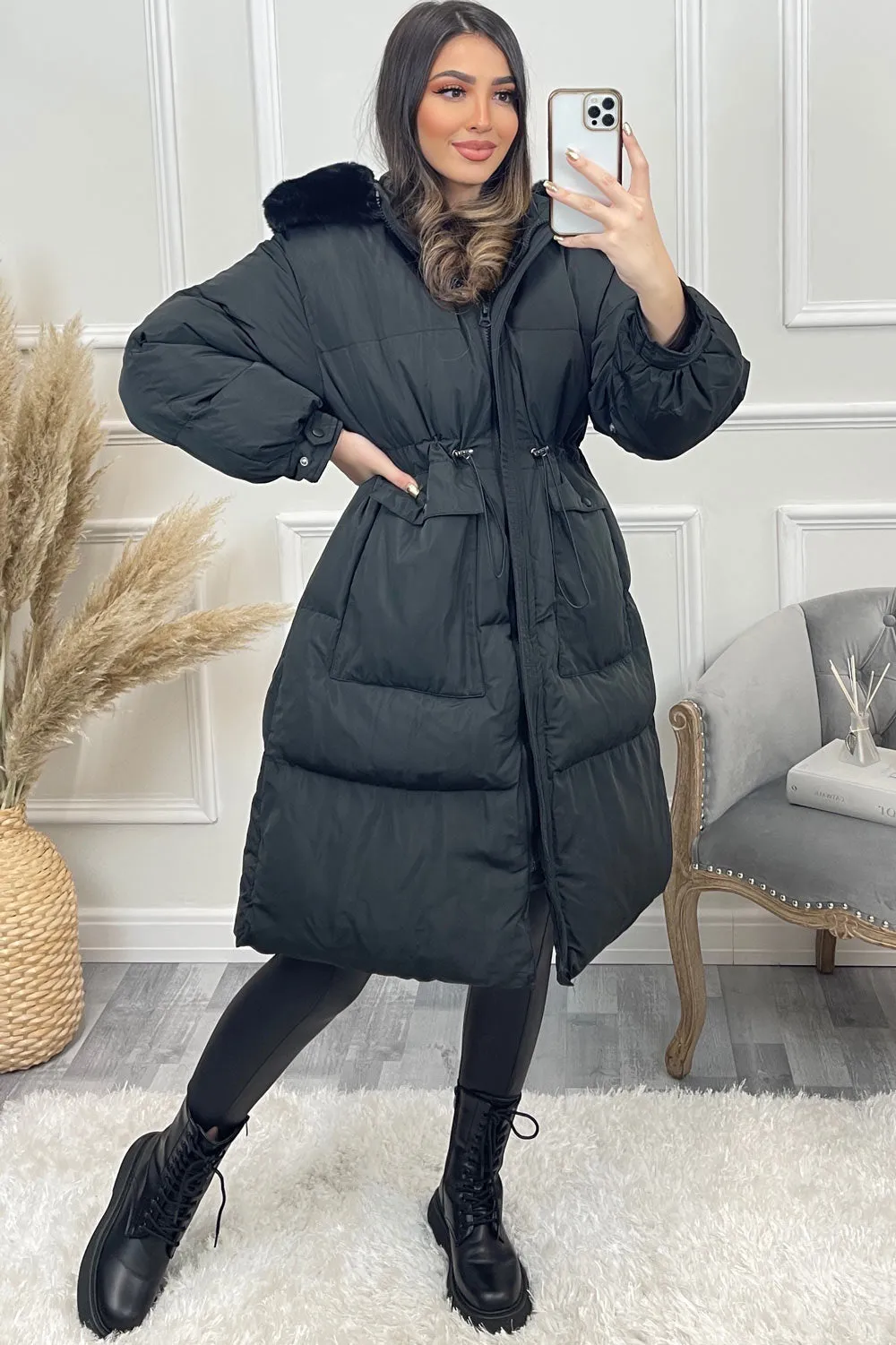 Marley Black Puffer Faux Fur Hooded Longline Coat